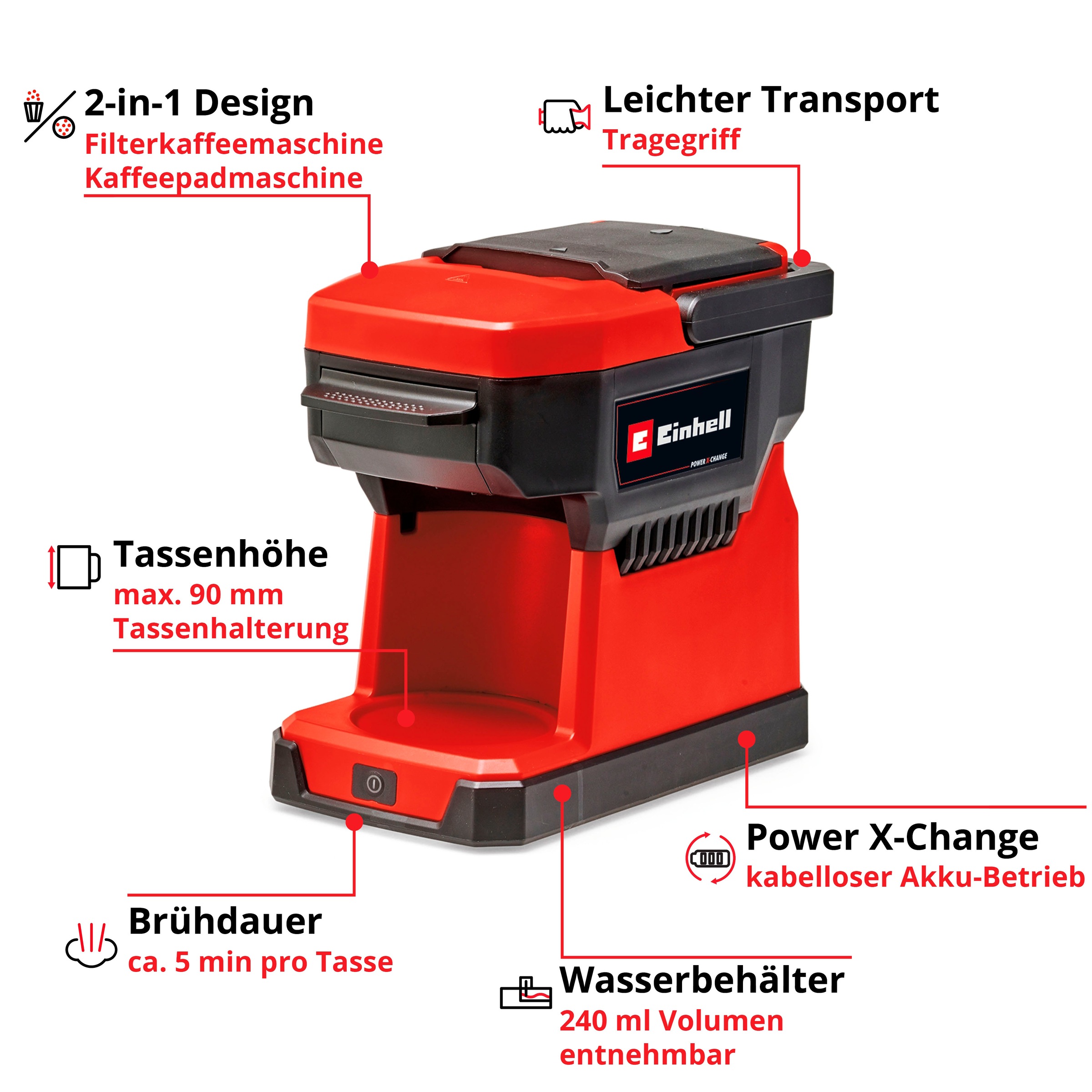 Einhell Kaffeepadmaschine »Power X-Change TE-CF 18 Li-Solo«, 0,24 l Kaffeekanne, Korbfilter