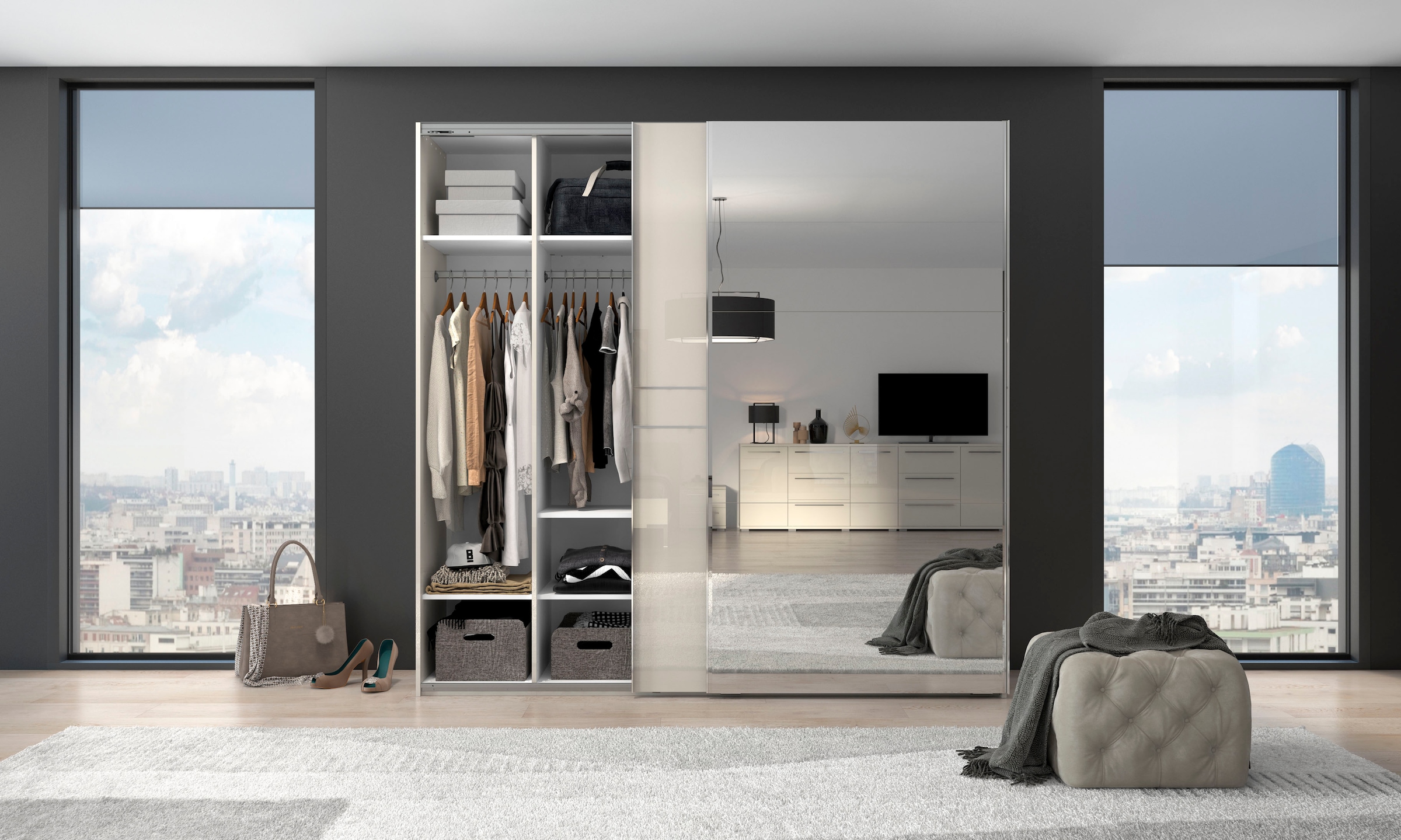 Places of Style Schwebetürenschrank »Piano, mit Einlegeböden und Kleiderstangen, Türen soft-close-Funktion«, (in 3 Breiten, 224cm hoch), mit Spiegeltür, FSC-zertifizierter Holzwerkstoff