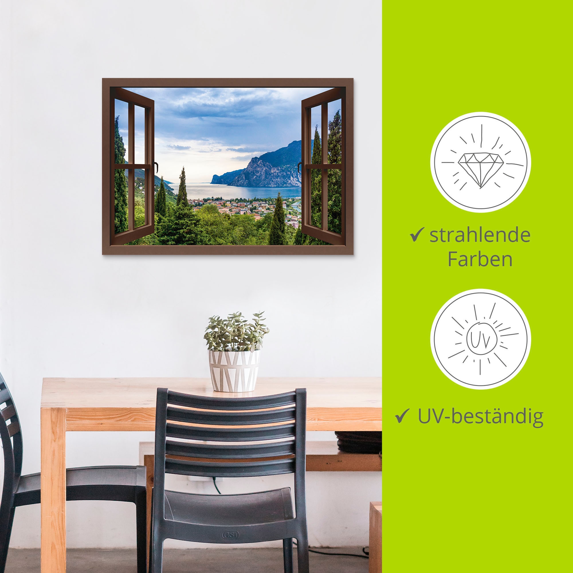 Artland Wandbild »Gardasee durchs braune Fenster«, Seebilder, (1 St.), als Alubild, Outdoorbild, Leinwandbild, Poster in verschied. Größen