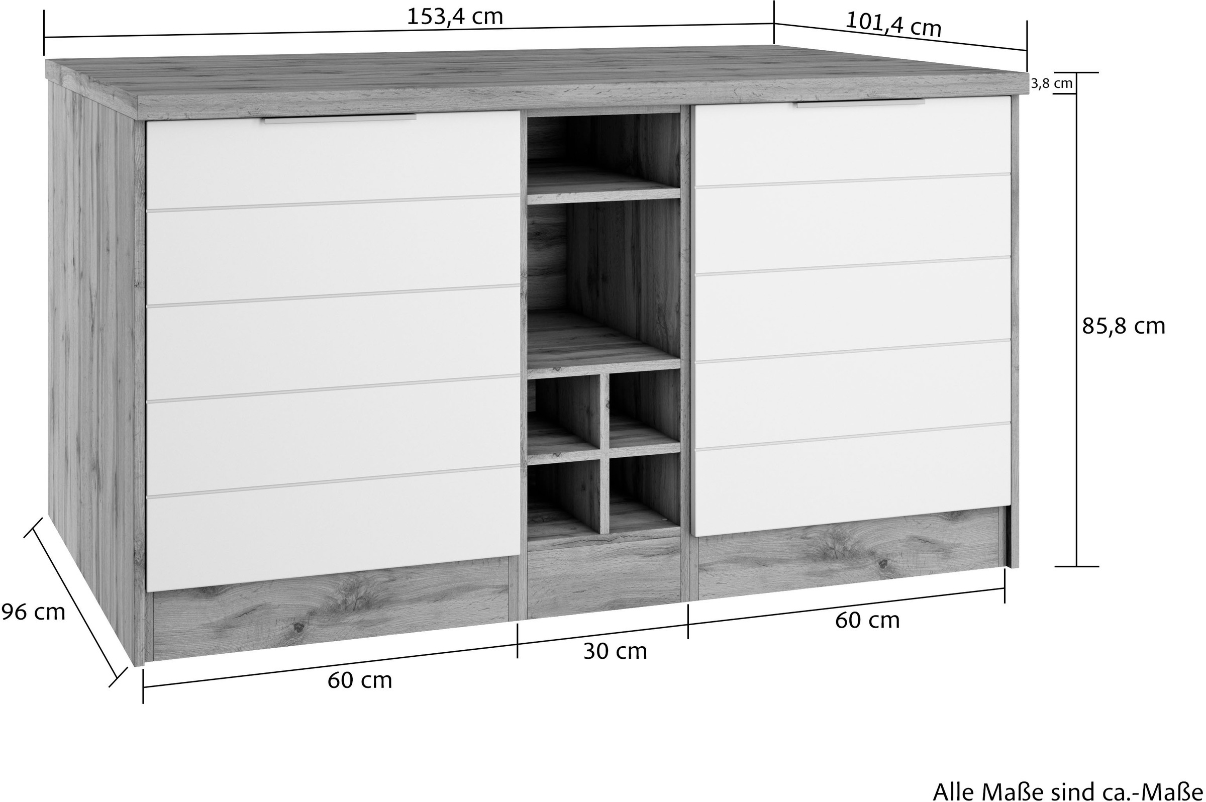 KOCHSTATION Kücheninsel »KS-Luhe, Breite 153 cm, mit Flaschenregal«, MDF-Fronten, Arbeitsplatte 38mm stark