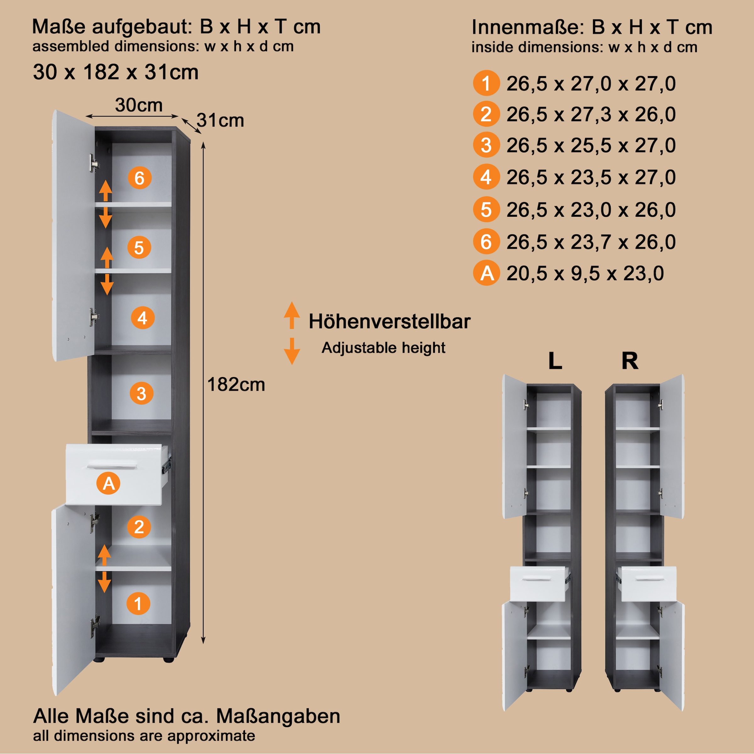 welltime Hochschrank »Sovana« Badezimmerschrank in Hochglanzoptik - (B/T/H) 30/31/182 cm