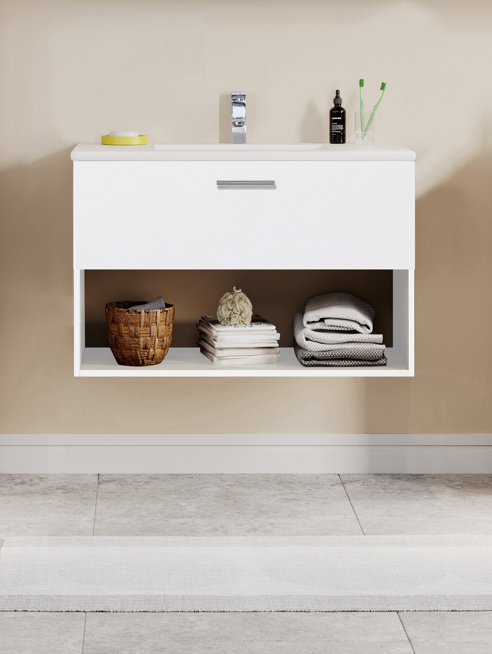 welltime Waschtisch »Trento Light mit Keramik-Auflagebecken«, 1 Auzug und 1 offenes Fach, Breite. 81cm, Weiß