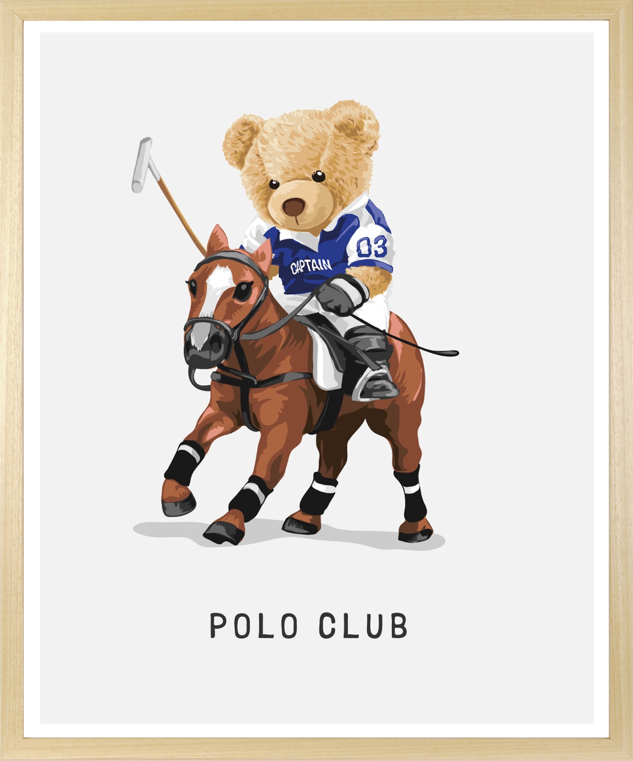 queence Bild mit Rahmen »Polo Club Teddy Bär auf Pferd« Bär | Bären | Fashion | Figuren | Mode | Modebilder | Pferde | Pferdebilder | Reitbilder | Schriftzug HD Premium Poster-Druck inkl. Echtholzrahmen in beige