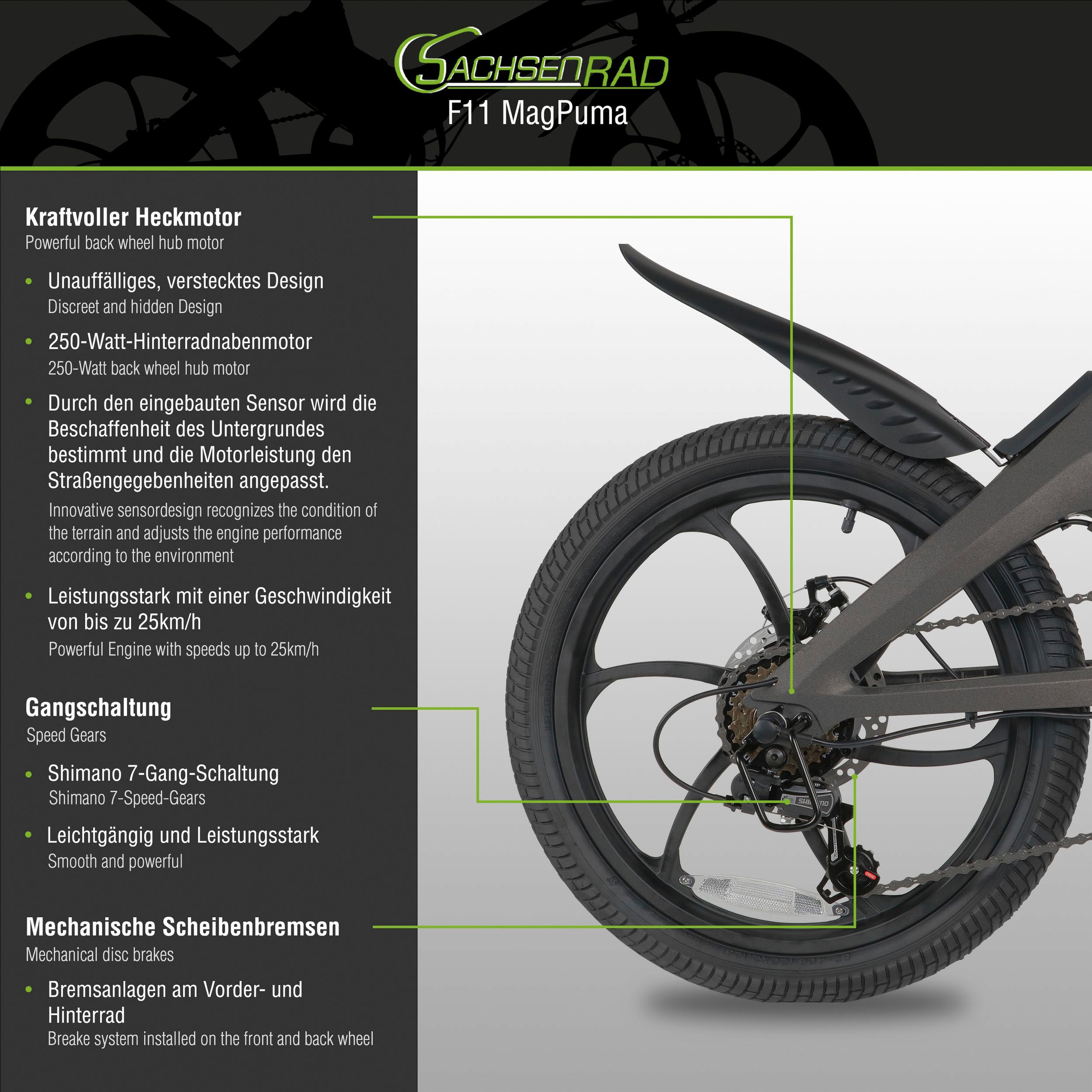 SachsenRad »F11 MagPuma mit Transporttasche« 6 Gang Shimano Kettenschaltung Heckmotor 250 W