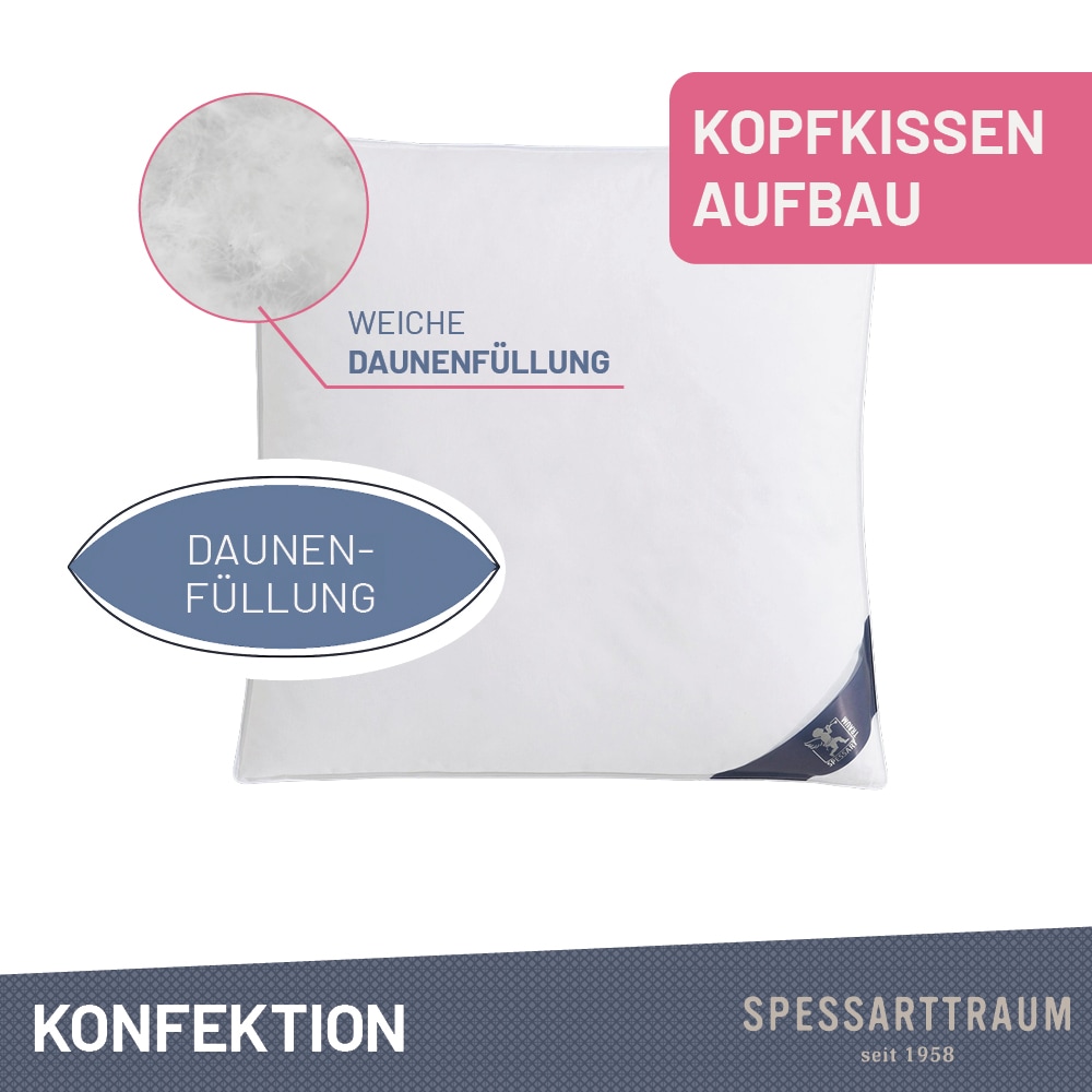 SPESSARTTRAUM Federkopfkissen »First Class«, Füllung: 70% Federn / 30% Daunen, Klasse 1, Downpass zertifiziert, Bezug: 100% Baumwolle, Made in Green, Hausstauballergiker geeignet, (1 St.), gute Stützkraft, Seitenschläfer & Rückenschläfer