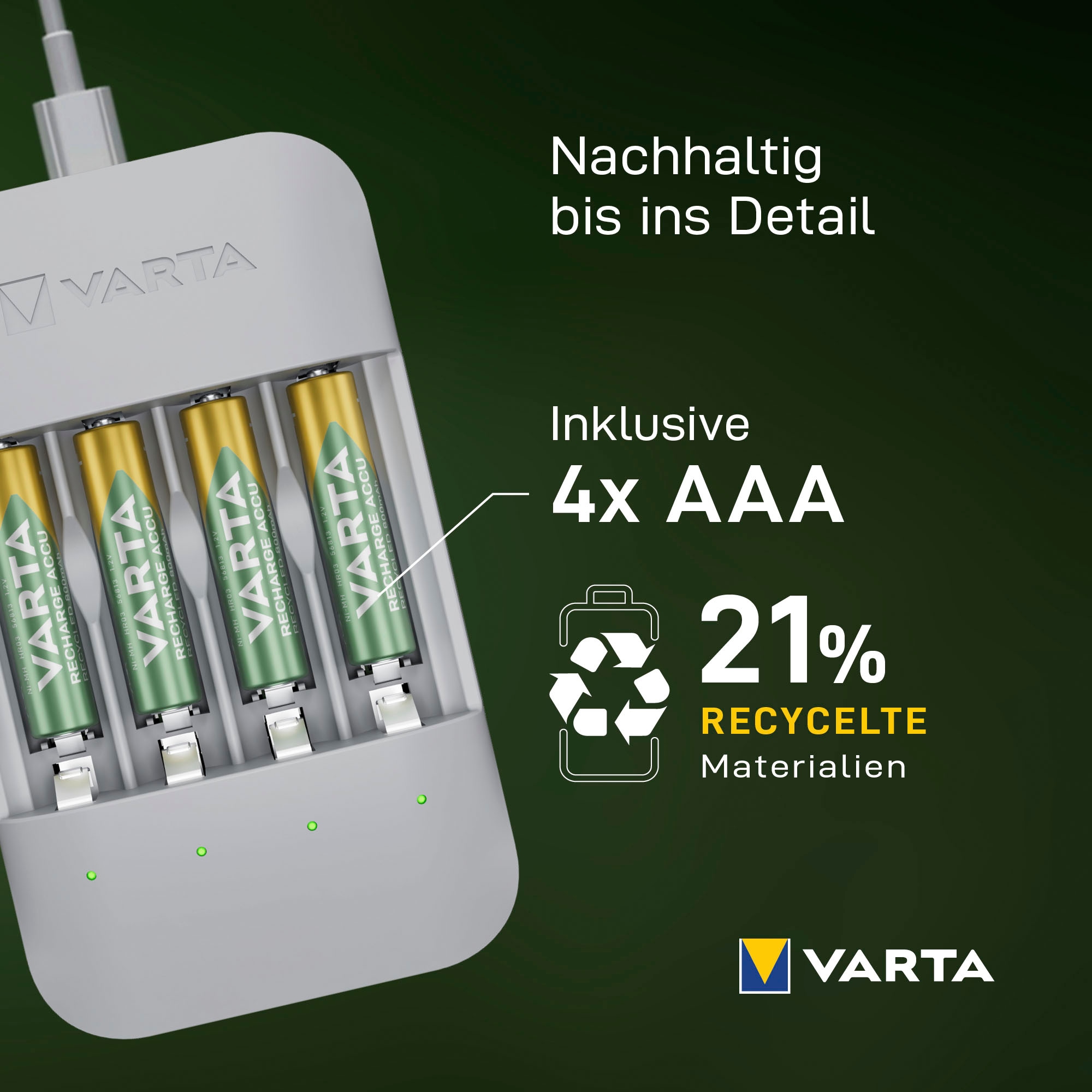 VARTA Batterie-Ladegerät »Eco Charger Pro Recycled + 4x AAA 800 mAh«, 2000 mA, (Packung)
