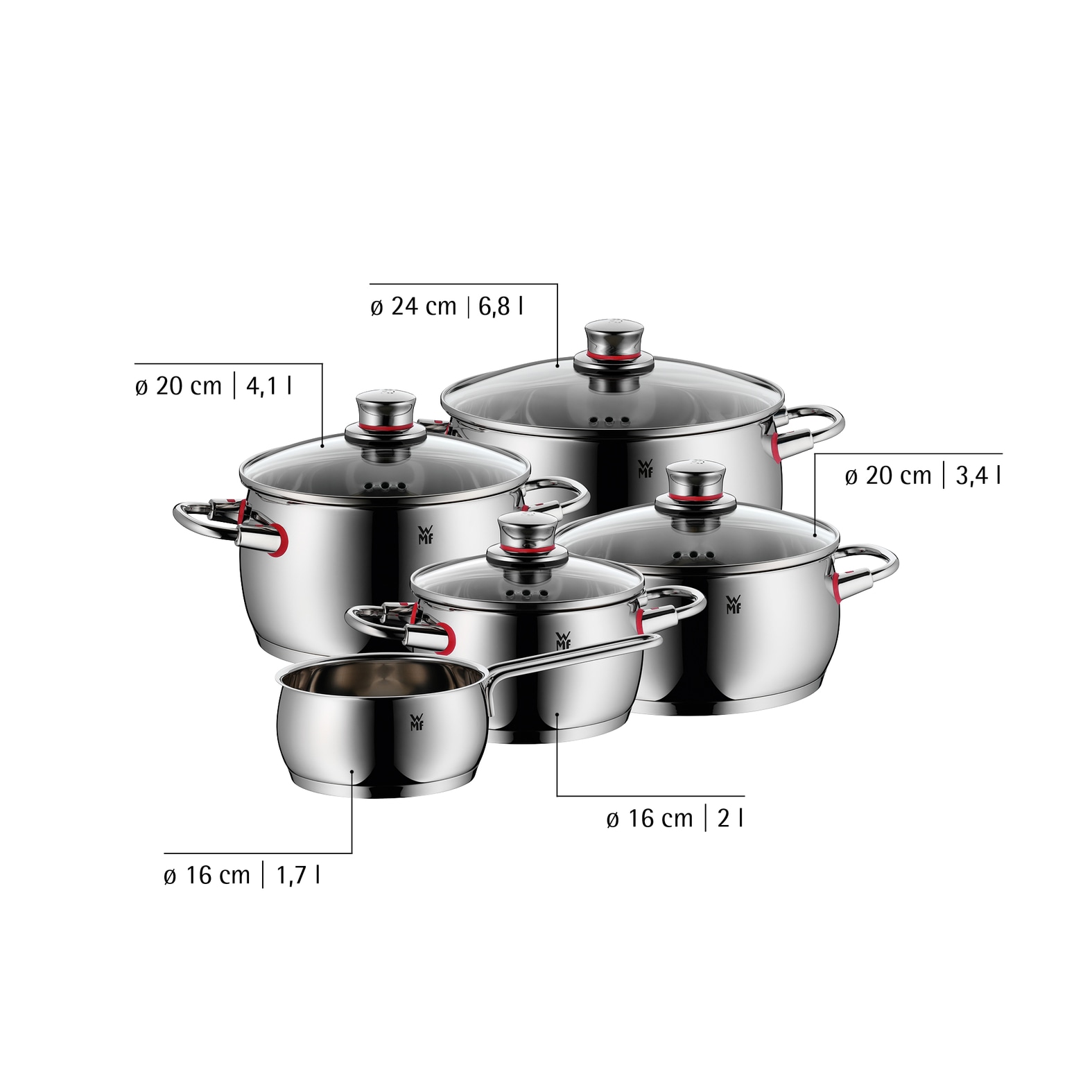 WMF Topf-Set »Quality One Induktion 5-teilig, Kochtopf Set mit Glasdeckel« Set, Bratentopf Ø 20 cm, Fleischtopf Ø 16/20/24 cm, Stielkasserolle Ø 16 cm, 5 Stk. tlg. Cromargan® Edelstahl Rostfrei 18/10