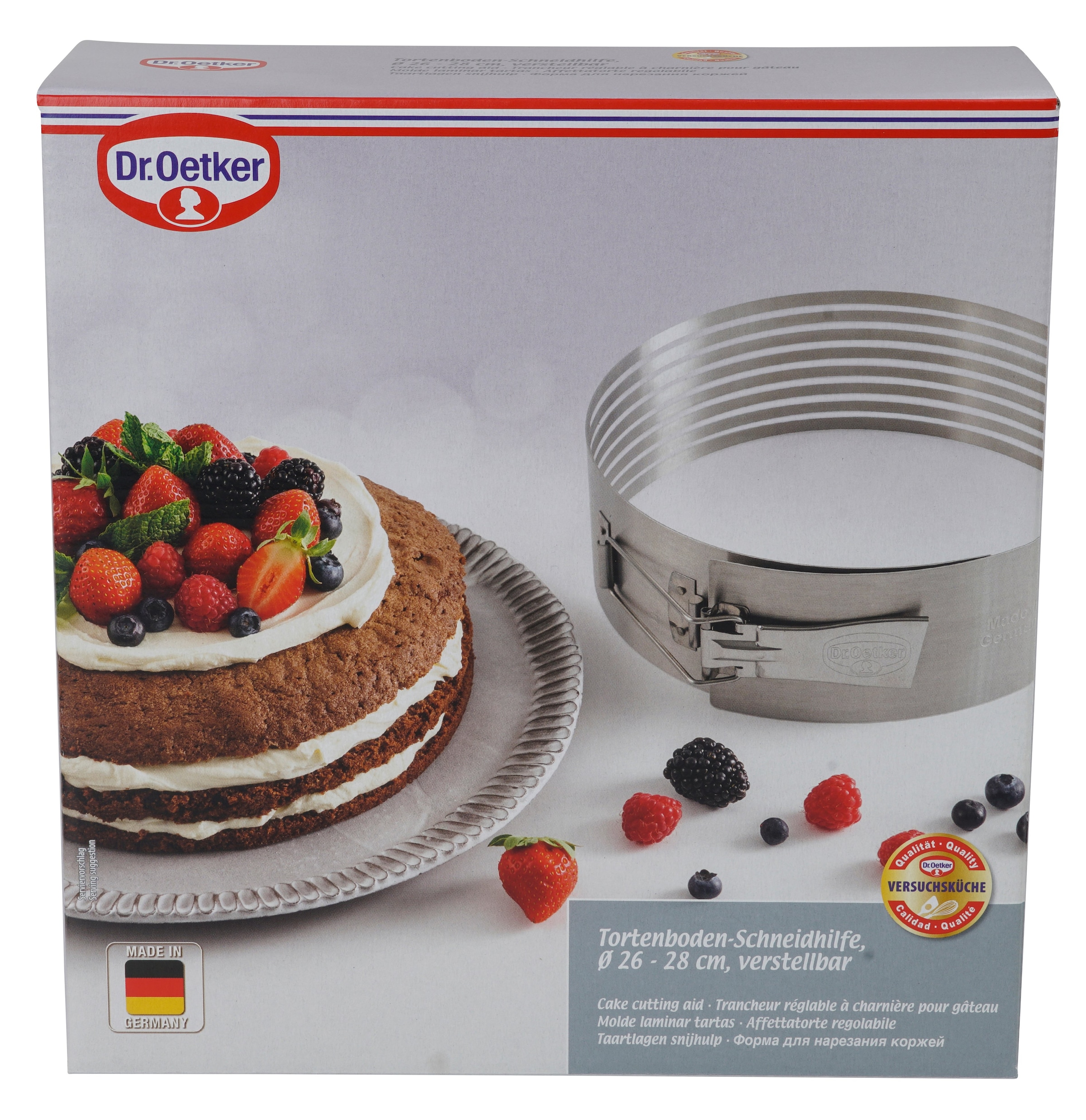 Dr. Oetker Küchenhelfer Tortenring »Verstellbare Tortenboden-Schneidhilfe aus Edelstahl« für gleichmäßige Tortenböden, spülmaschinengeeignet, Made in Germany