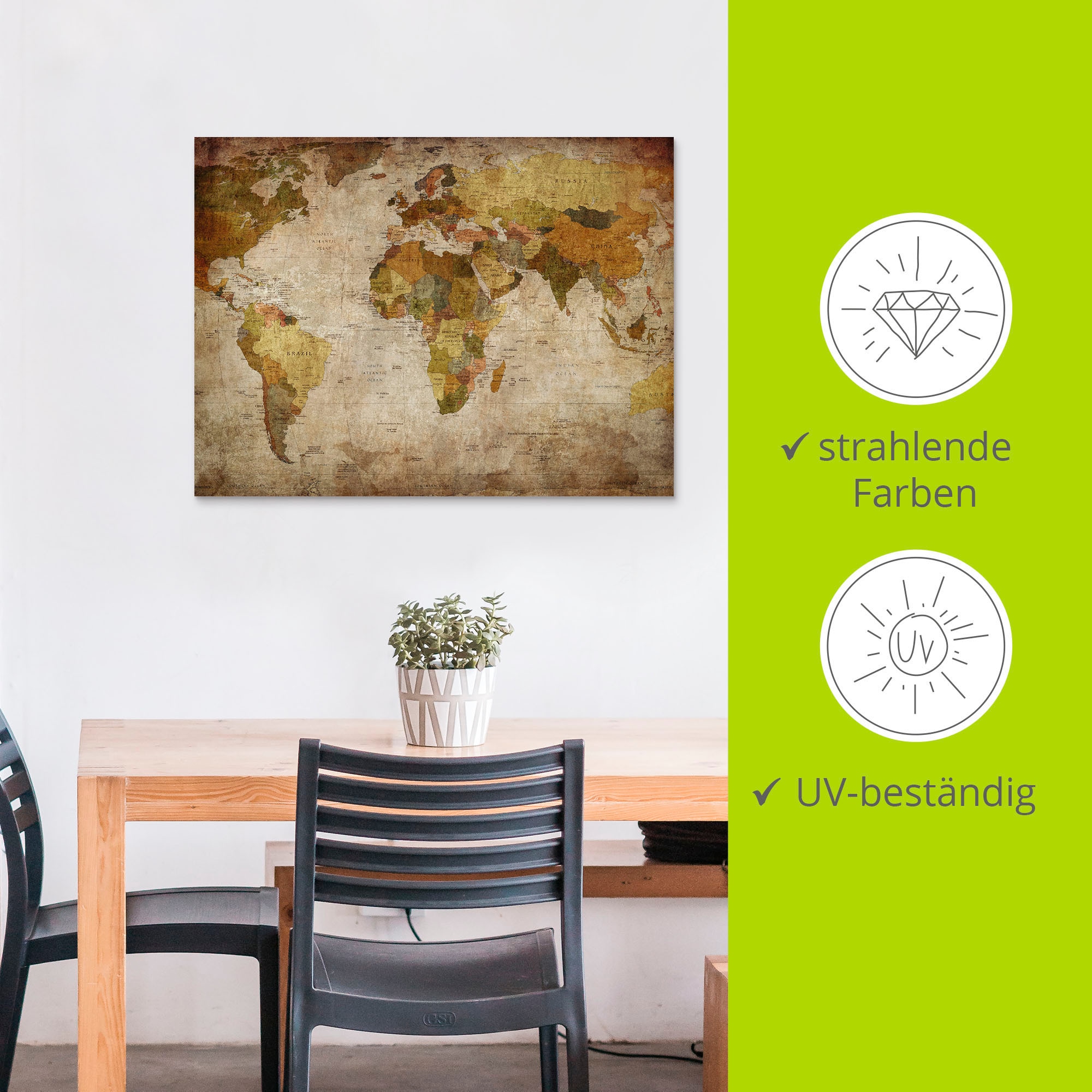 Artland Wandbild »Weltkarte«, Landkarten, (1 St.), als Alubild, Outdoorbild, Leinwandbild, Poster, Wandaufkleber
