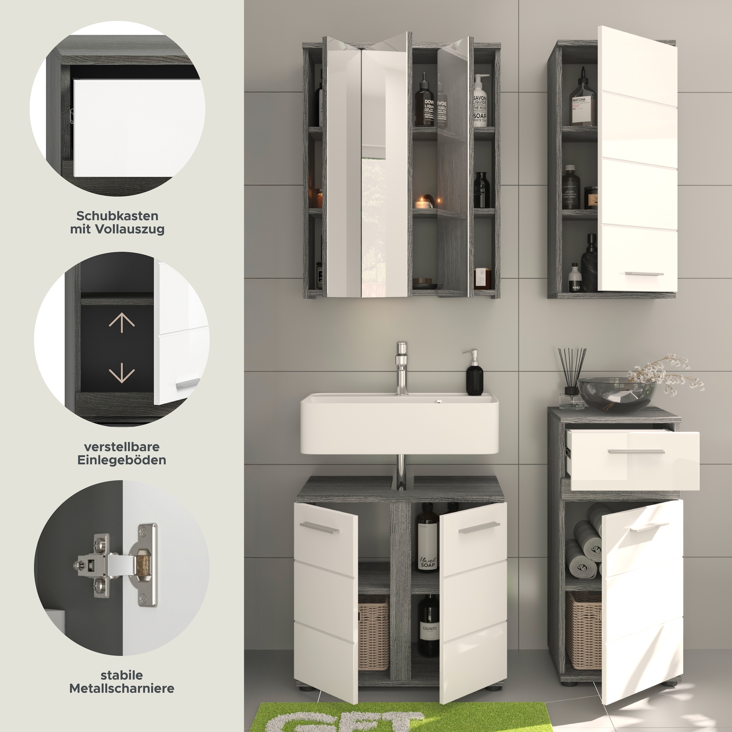 welltime Badmöbel-Set »LUCCA, 4-teilig, TOPSELLER!, MDF Hochglanzfront, bestehend aus:«, (Set, 4 St.), Waschbeckenunterschrank, Spiegel, Unterschrank, Hängeschrank