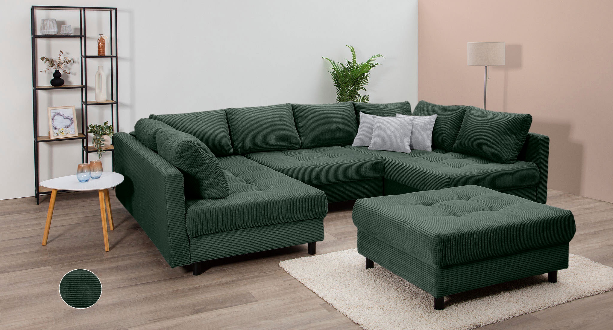 COLLECTION AB Wohnlandschaft »Toni U-Form, B: 298 cm, XXL-Liegefläche 282x178 cm mit Hocker« Set: Sofa & Hocker, 3 Zierkissen, Federkern