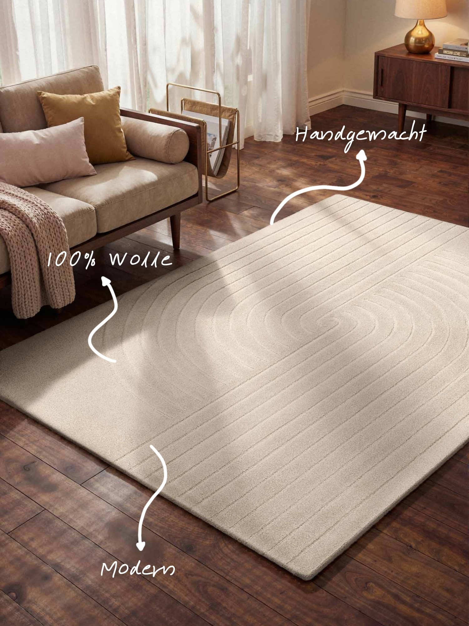 vikosa Wollteppich »Arcura« rechteckig 15 mm Höhe Wolle Handgemacht, Hoch-Tief-Effekt, Geometrisches Linien Wellendesign