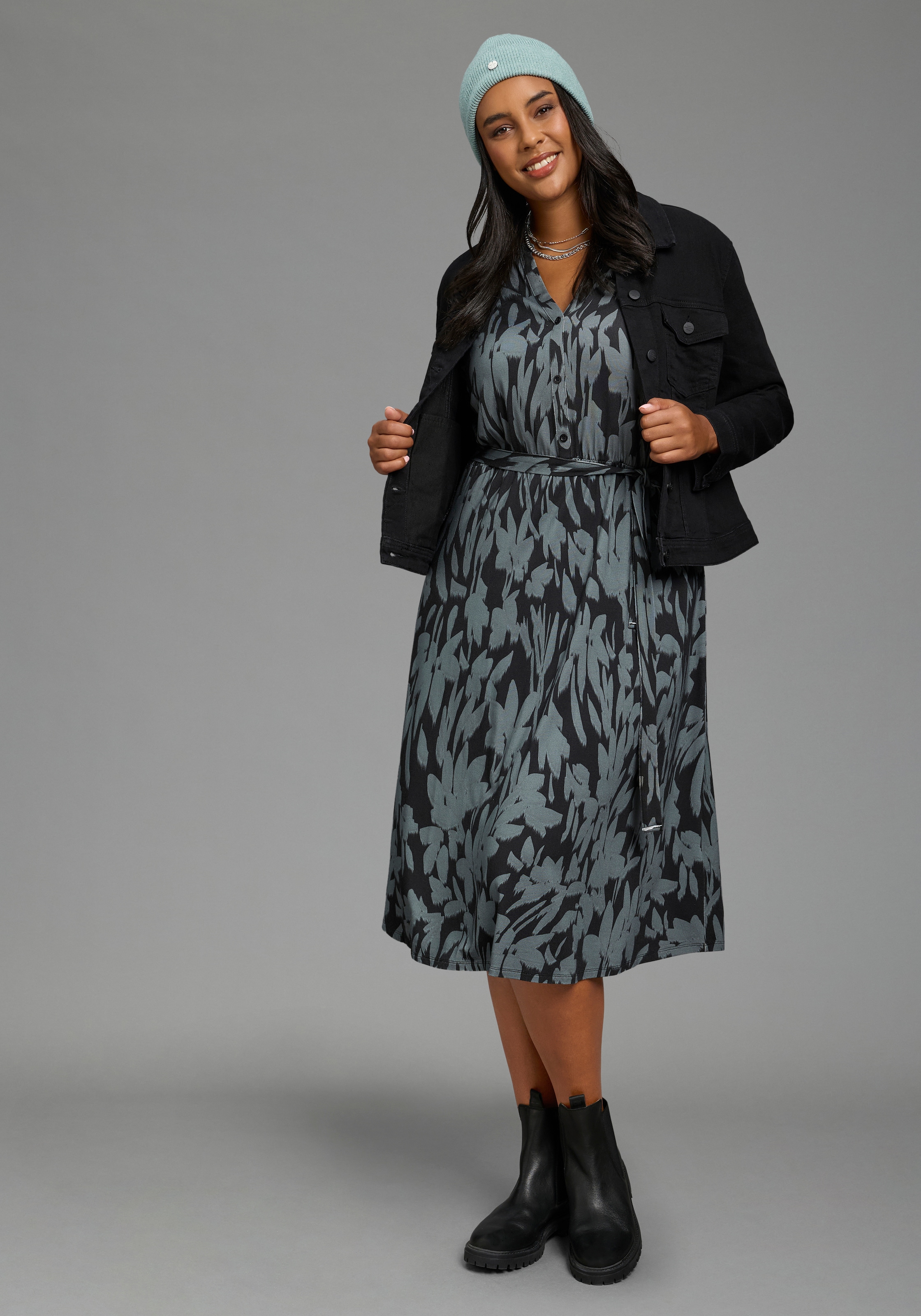Laura Scott CURVE Jerseykleid »Große Größen« wadenlang, gemustert, aus elastischer Viskosemischung, Langarm