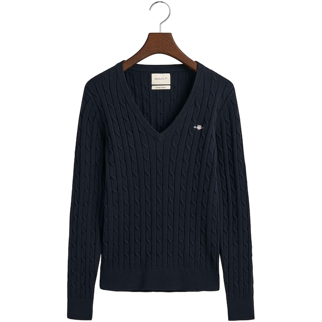 Gant Strickpullover »STRETCH COTTON CABLE V-NECK«, mit Logostickerei auf  der Brust online bei