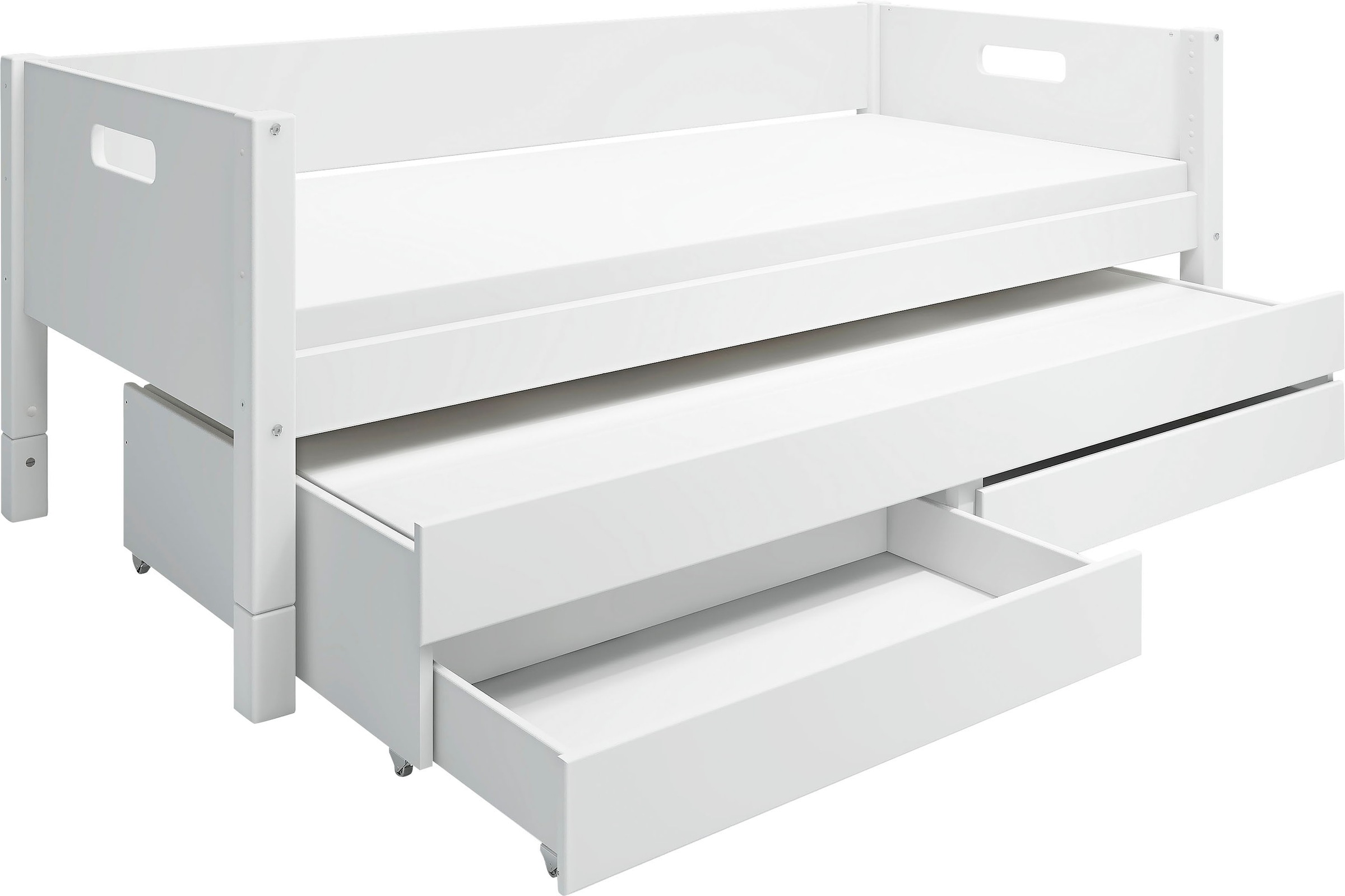 Einzelbett, Nordic produziert bei Flexa, incl Rollrost, weiß + weiß + weiß Hintere Absturzsicherung in MDF-Ausziehbett mit 2 Schubladen