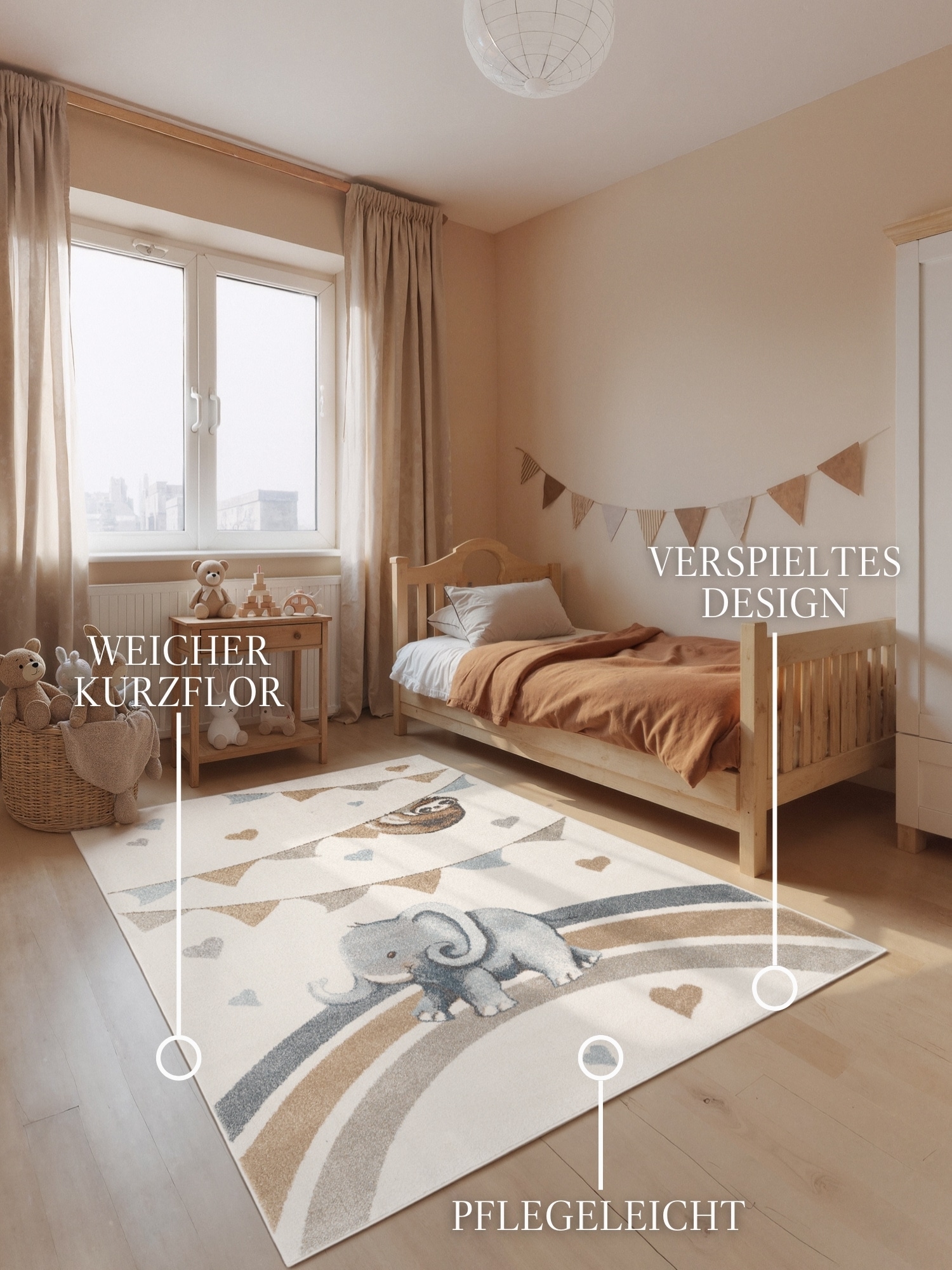 Villeroy & Boch Kinderteppich »Walk like an Elephant Rainbow Party Teppich« rechteckig 9 mm Höhe Spielteppich weich, Kinderzimmer, Boho Kids Spielunterlage, Tieremotiv