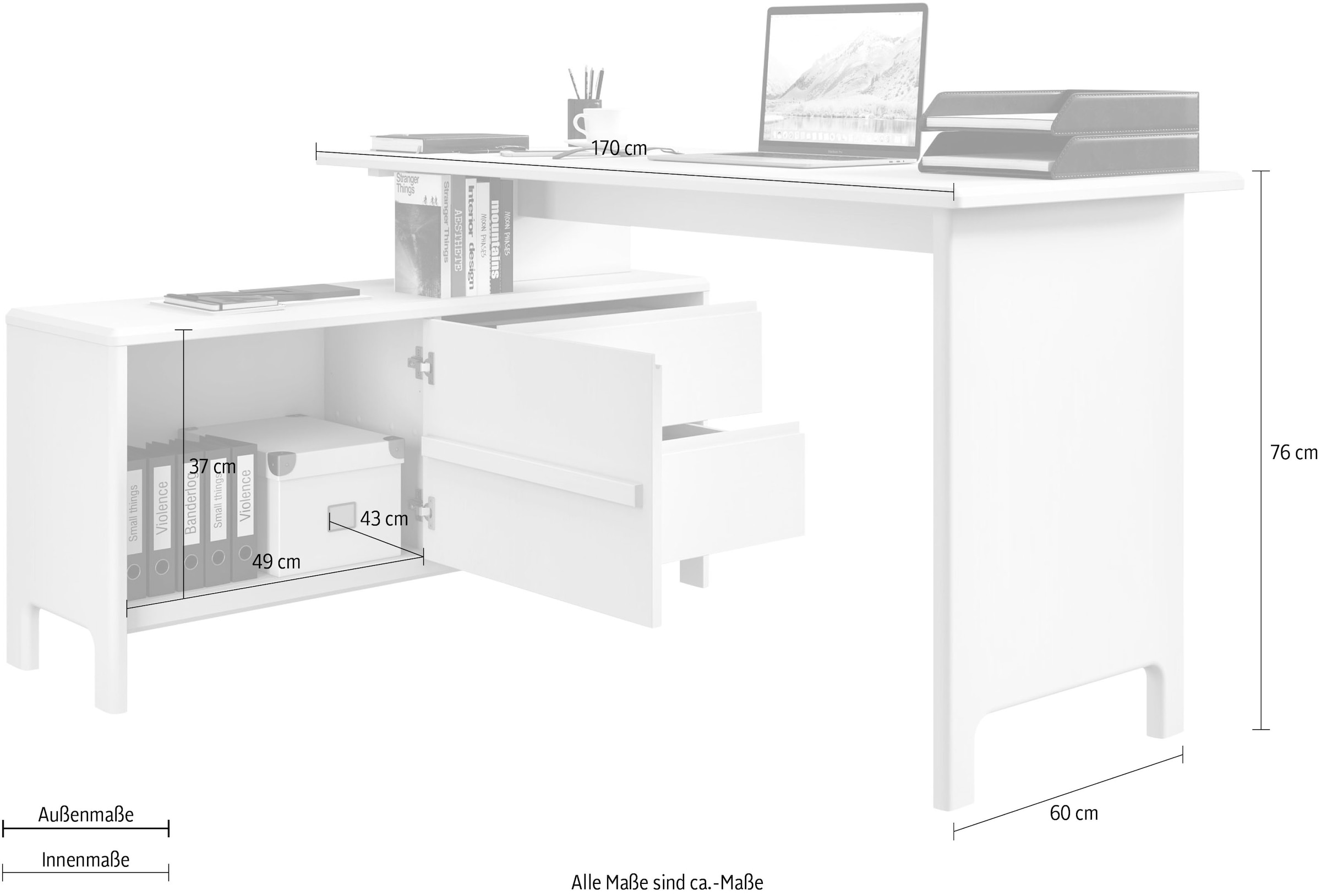 Home affaire Schreibtisch »Luven«, Breite 140-220 cm, Eckschreibtisch aus Massivholz