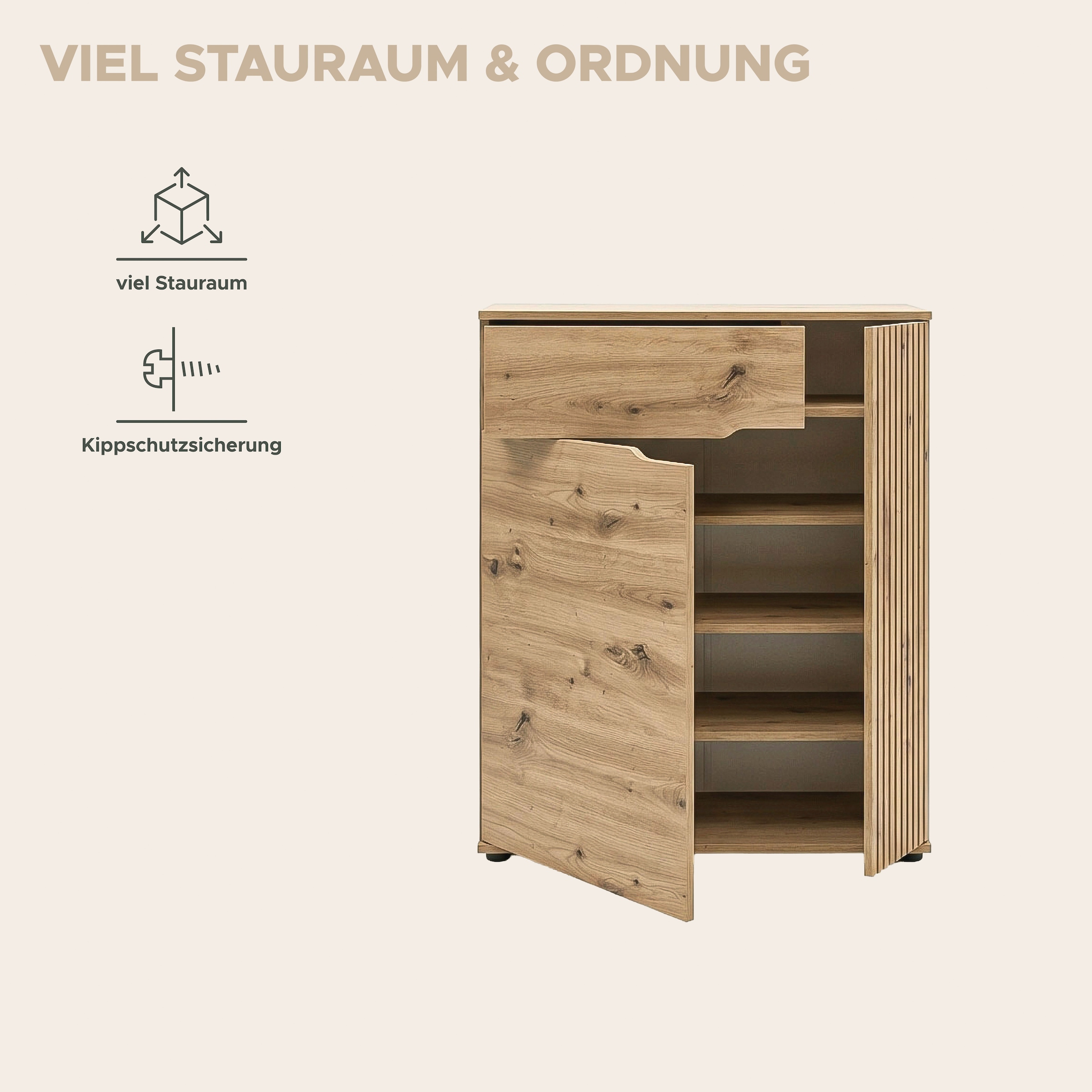 OTTO home Schuhkommode »FJELL, Breite 80cm, 2 Türen, 1 Schubkasten, 3 Einlegeböden, 5 Fächer« Garderobenschrank, Schuhschrank, Kommode, Sideboard, Anrichte