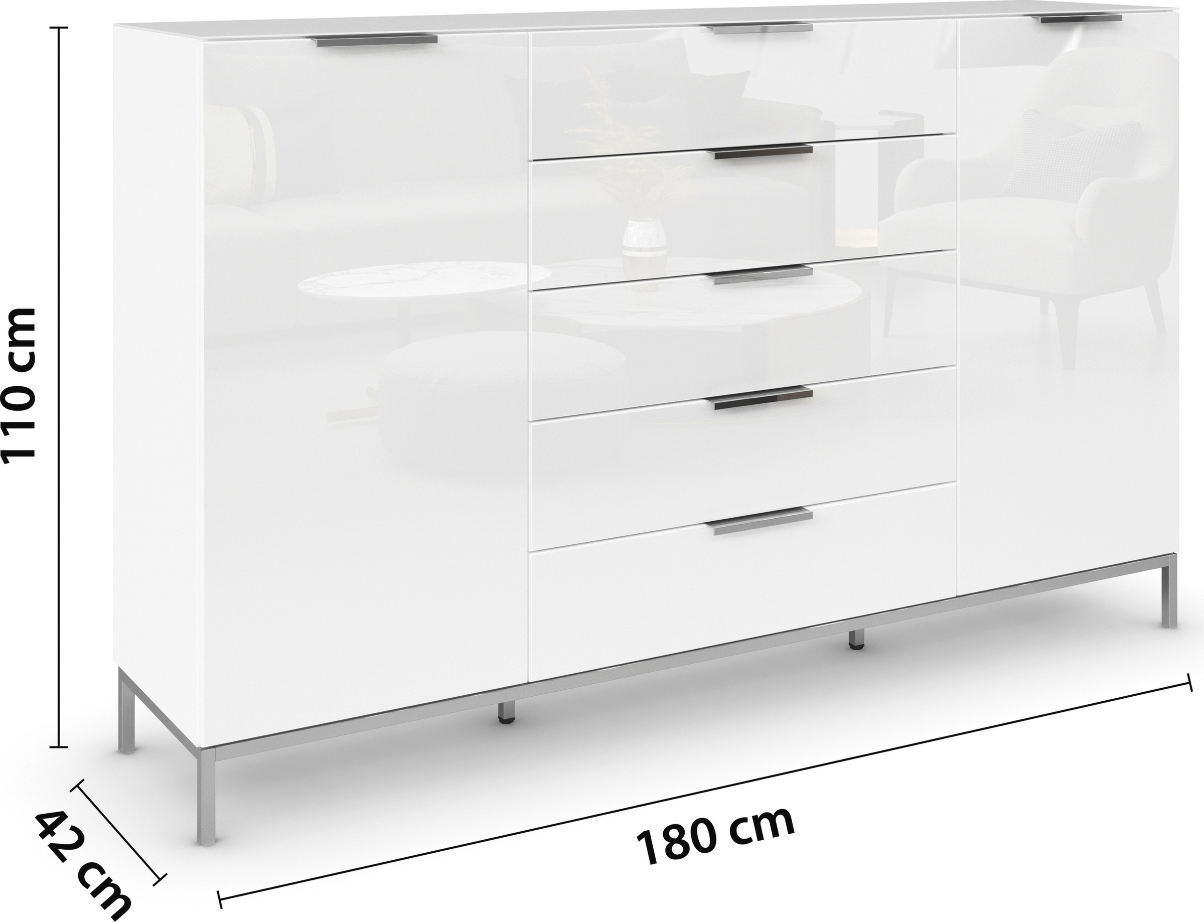 rauch Schubkastenkommode »Kommode Türkommode Sideboard Kombikommode FLIPP mit Glasfront«, (Breite 160/180 cm mit 4 Einlegeböden), 2-türig, 5 Schubladen, Soft-Close, Oberboden und Front Glas, 2 Breiten