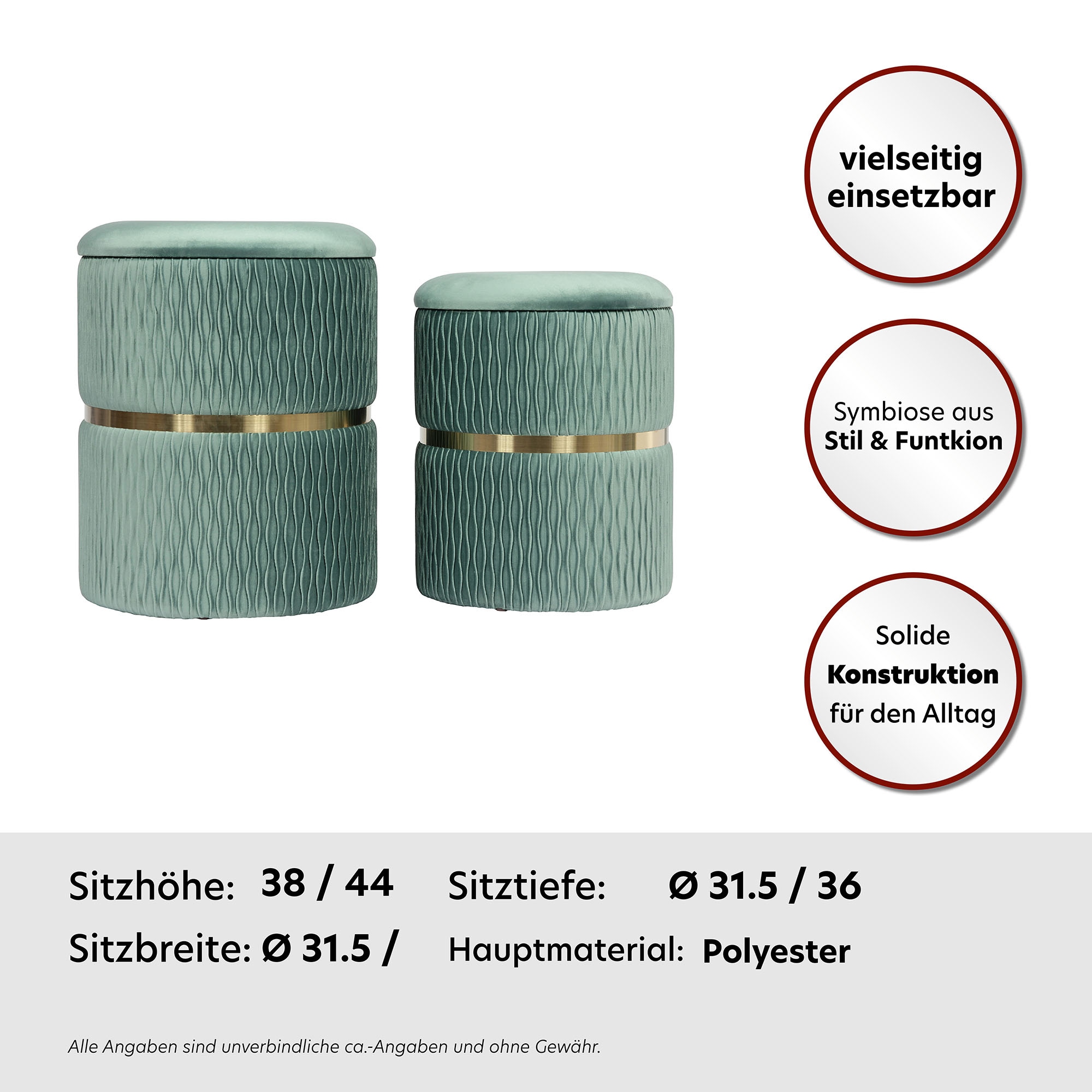 Kayoom Polsterhocker »Hocker Zora 425 2er-Set, Praktischer und versteckter Stauraum«, (Set, 2 St.), 2er-Set mit Stauraum, ineinander stapelbar, goldener Ring
