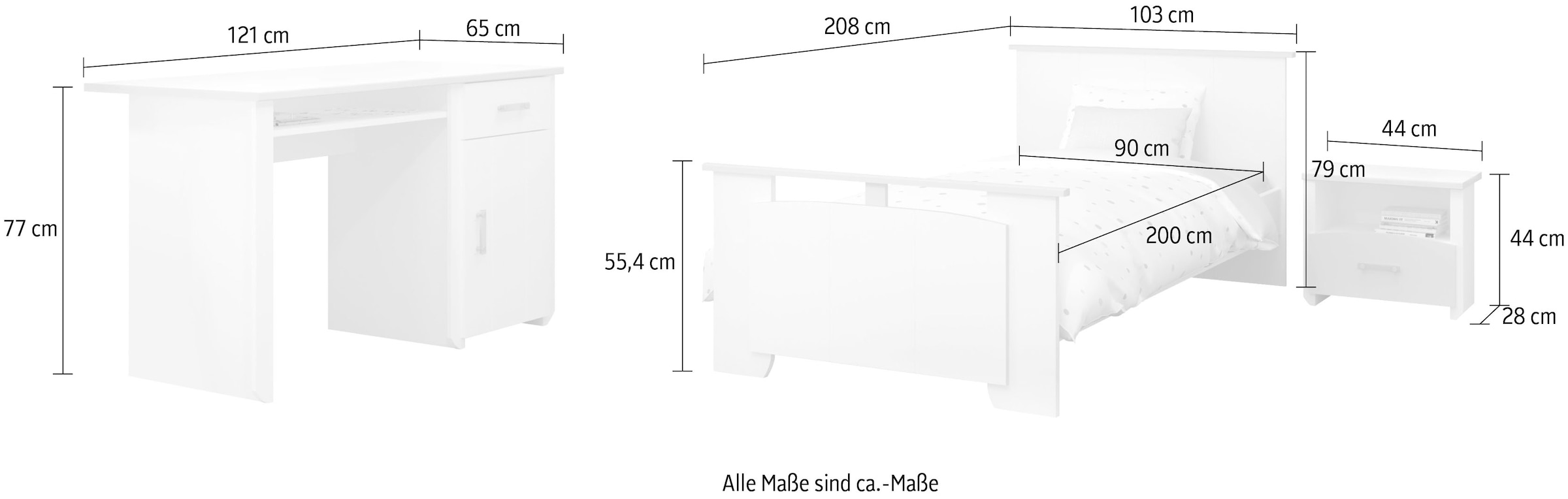 Parisot Jugendzimmer-Set »Biotiful«, (3 tlg., Bett, Nachttisch, Schreibtisch)