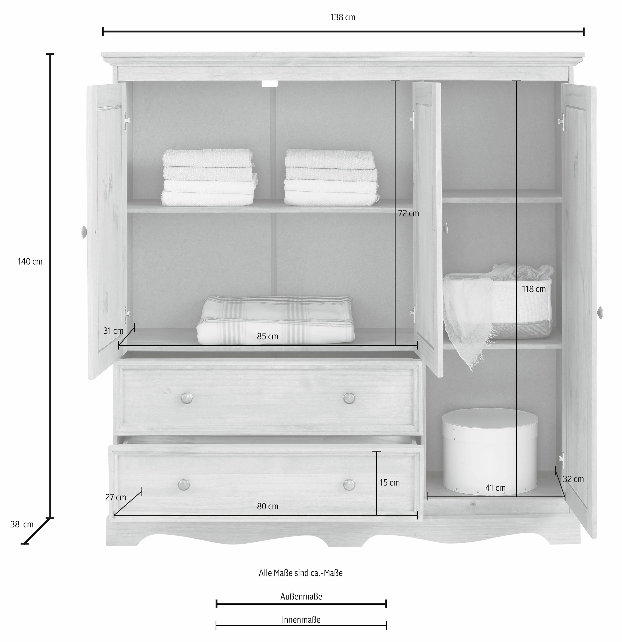 Home affaire Kleiderschrank »Melissa, Kinderkleiderschrank«, Wäscheschrank,aus massivem Kiefer, mit Sockelleiste, Breite 138 cm