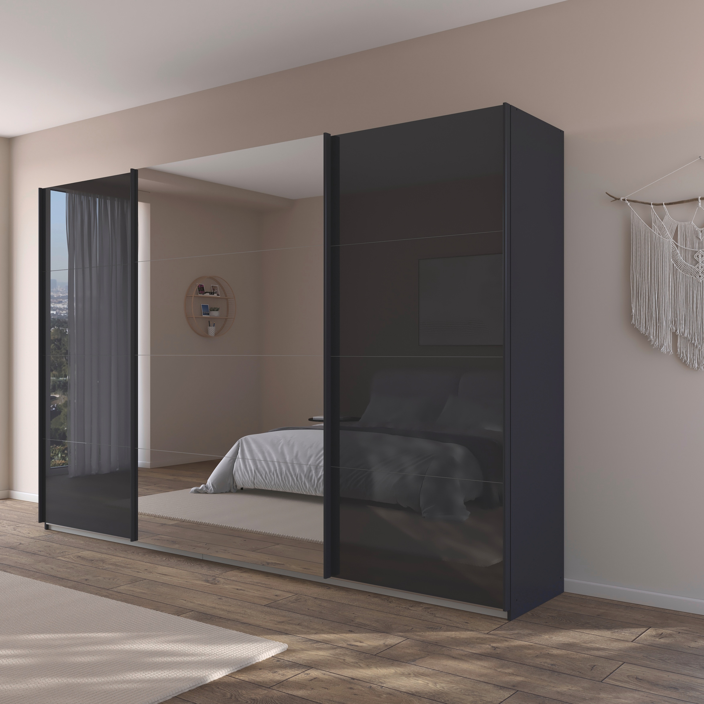 rauch Schwebetürenschrank »Kleiderschrank Kleiderschränke Schrank Garderobe AGORDO mit Glasfront«, durchdachte Innenausstattung, in 4 Breiten und 2 Höhen MADE IN GERMANY