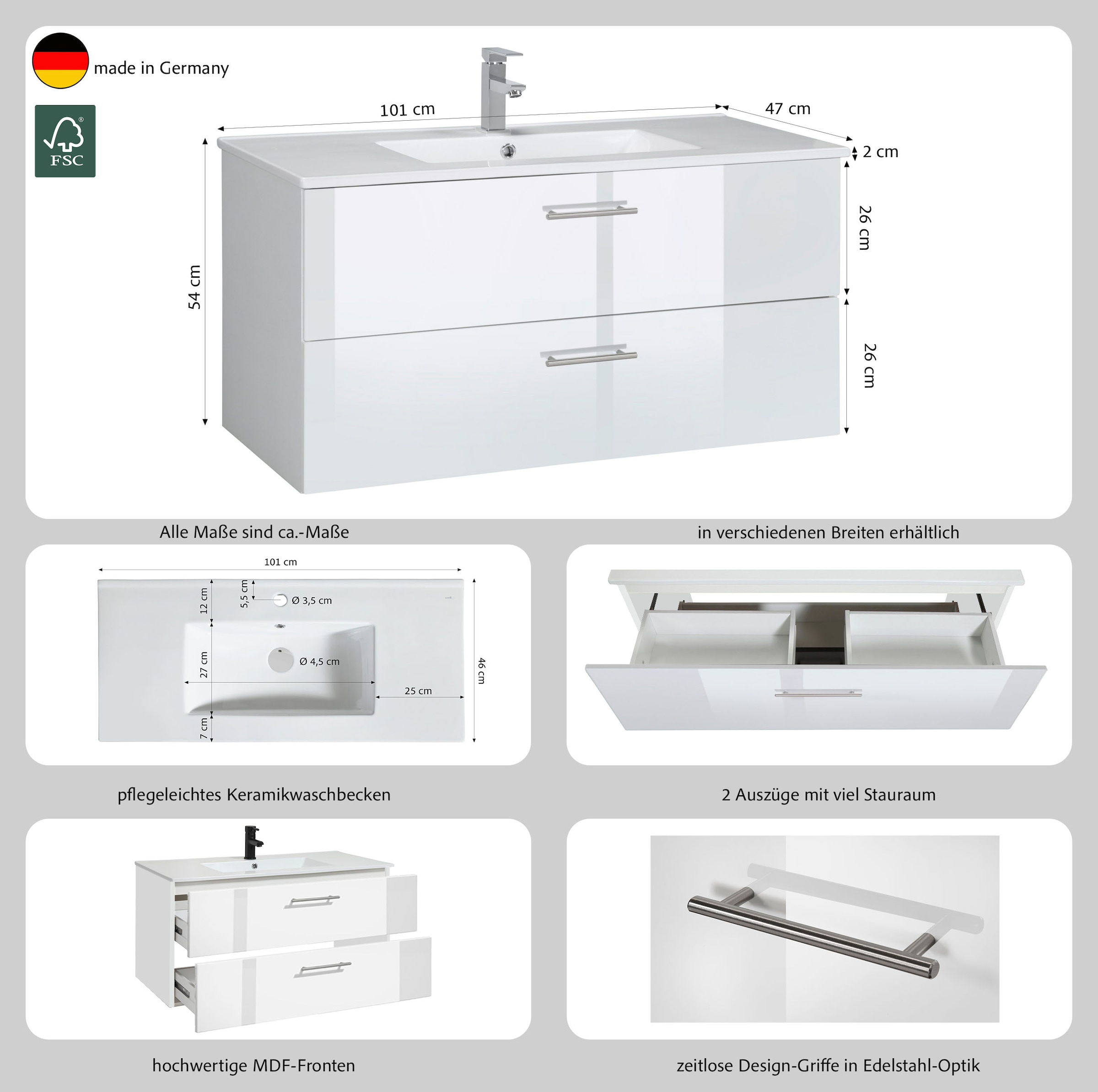 welltime Waschtisch »Trento in verschiedenen Ausführungen Unterschrank inkl. Waschbecken« Badmöbel in Breite 100 cm, Waschplatz mit 2 Schubladen , Badschrank
