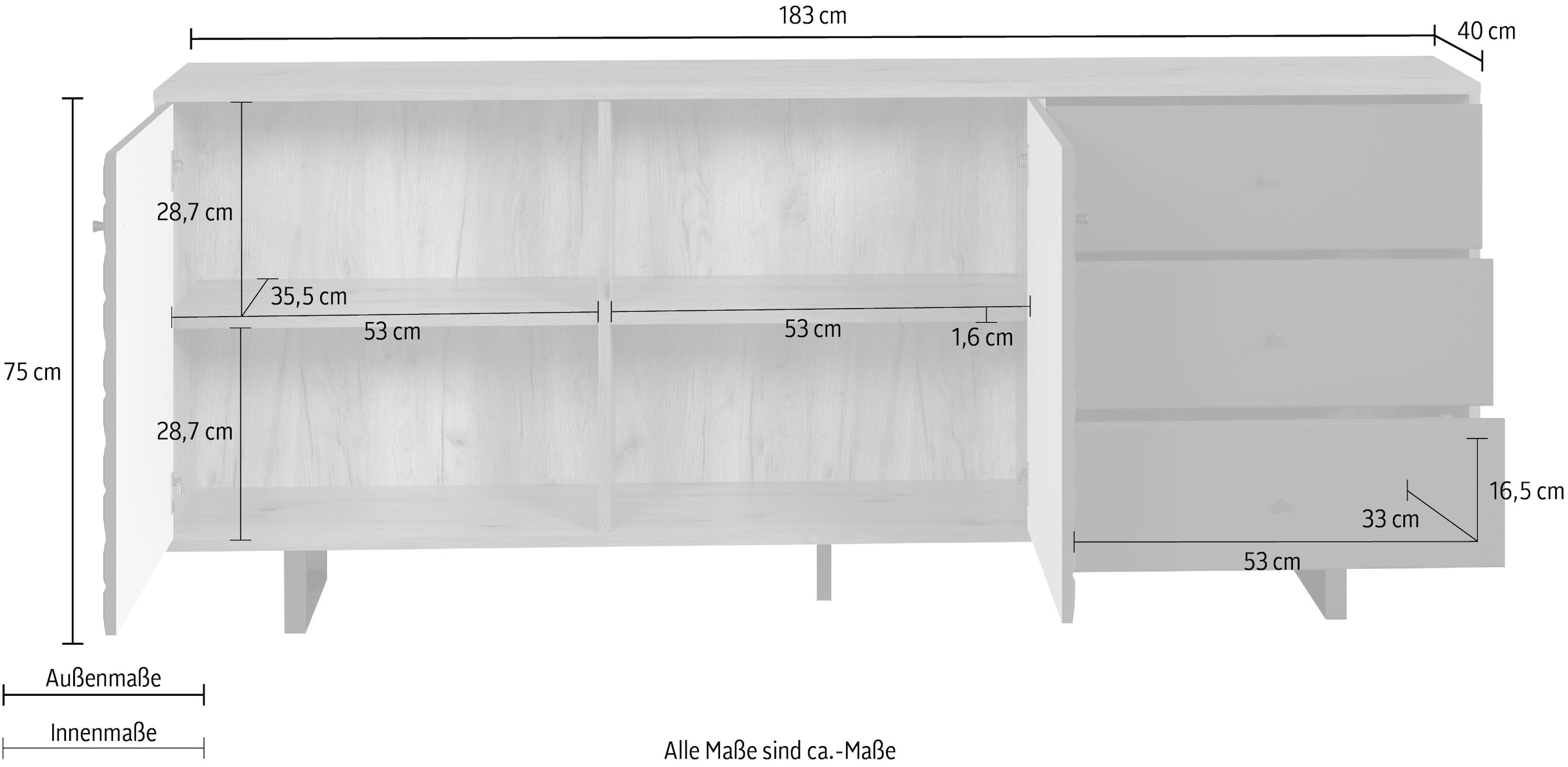 Places of Style Sideboard »Ferretti«, Wohnzimmerkommode mit besonderer Fräsung und Füße/Griffe aus Metall