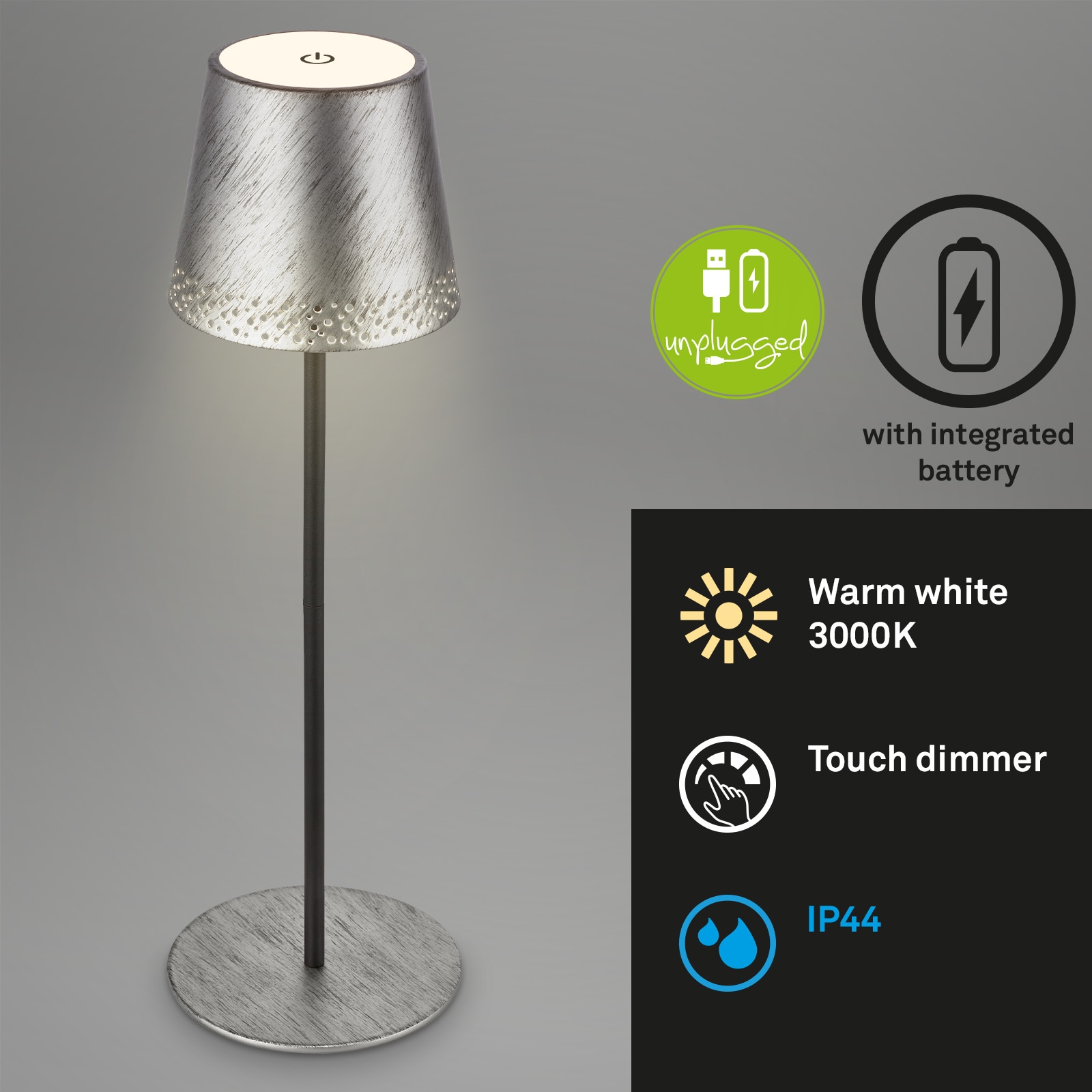 Briloner Leuchten LED Tischleuchte »KIKI« LED-Modul 1 Stk. Warmweiß mit Akku, höhenverstellbar, USB-C, warmweiß, IP44, schwarz-holz, 38 cm