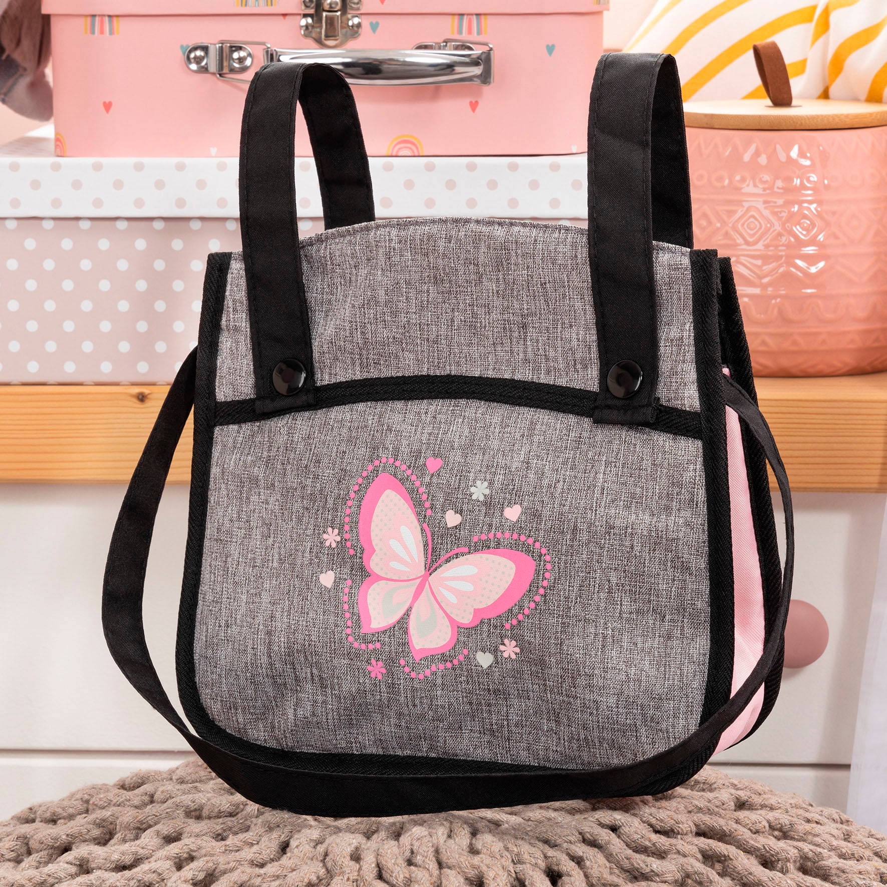Bayer Puppen-Zwillingsbuggy »Xeo Twin grau/rosa«, mit Wickeltasche
