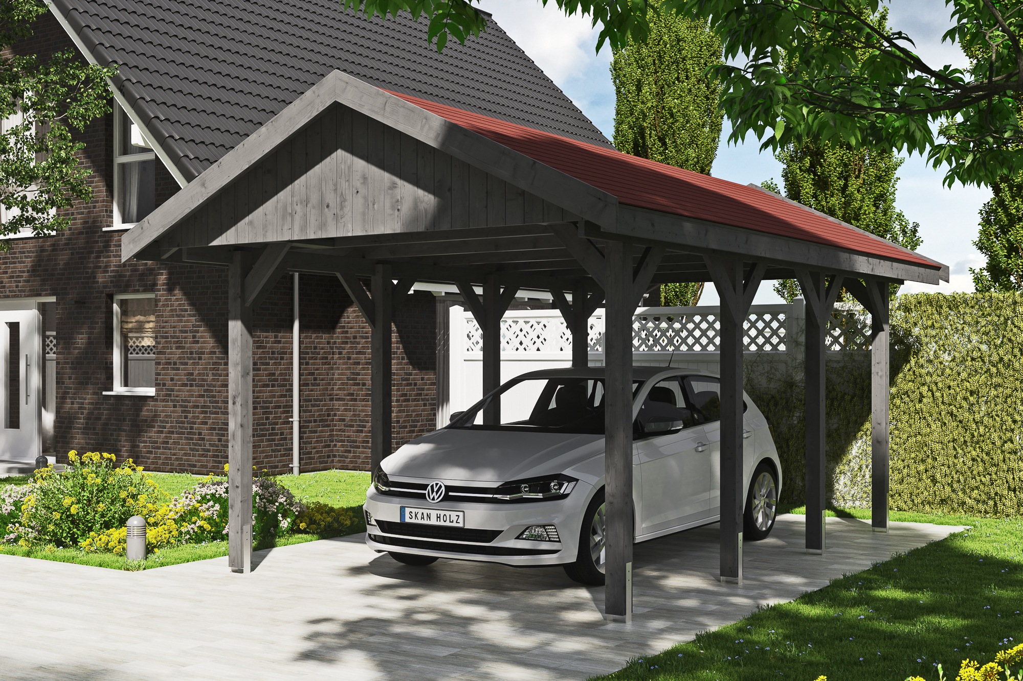 Skanholz Einzelcarport »Wallgau«, 291 cm, Schiefergrau, mit roten Dachschindeln