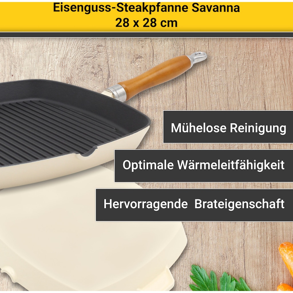 Krüger Steakpfanne »Einsenguss Grill-/ Steakpfanne SAVANNA, 28 x 28cm«, Gusseisen, (1 tlg.), für Induktions-Kochfelder geeignet
