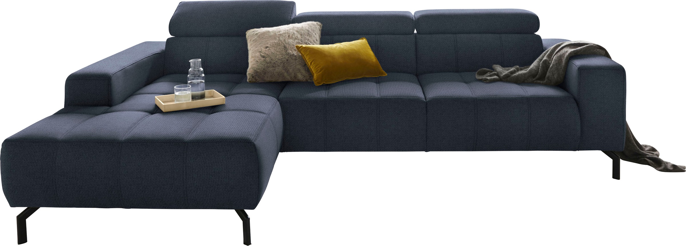 DOMO collection Ecksofa »Cunelli tolle Sitznähte als Designelement, fester Sitzkomfort, L-Form«, wahlweise mit 6-fach verstellbarer Kopfteilverstellung, bodenfrei