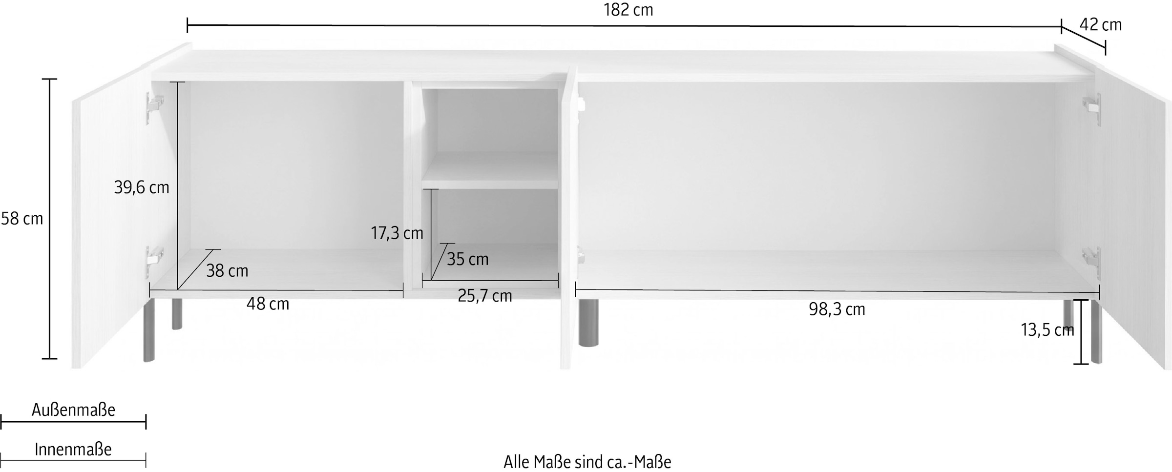 OTTO home Lowboard »Badia, 182 cm breit, 3 Türen, Mediaboard, TV-Schrank« Innenliegendes Top, gerade Metallfüße, salbeigrüne Farbakzente