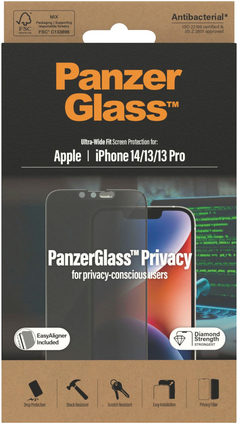 PanzerGlass Displayschutzglas »Privacy Apple iPhone 14/13/13 Pro - Ultra-Wide Fit inkl. EasyAligner«, für Apple iPhone 13-Apple iPhone 13 Pro-Apple iPhone 14, (Set, Displayschutz mit Installationshilfe EasyAligner)