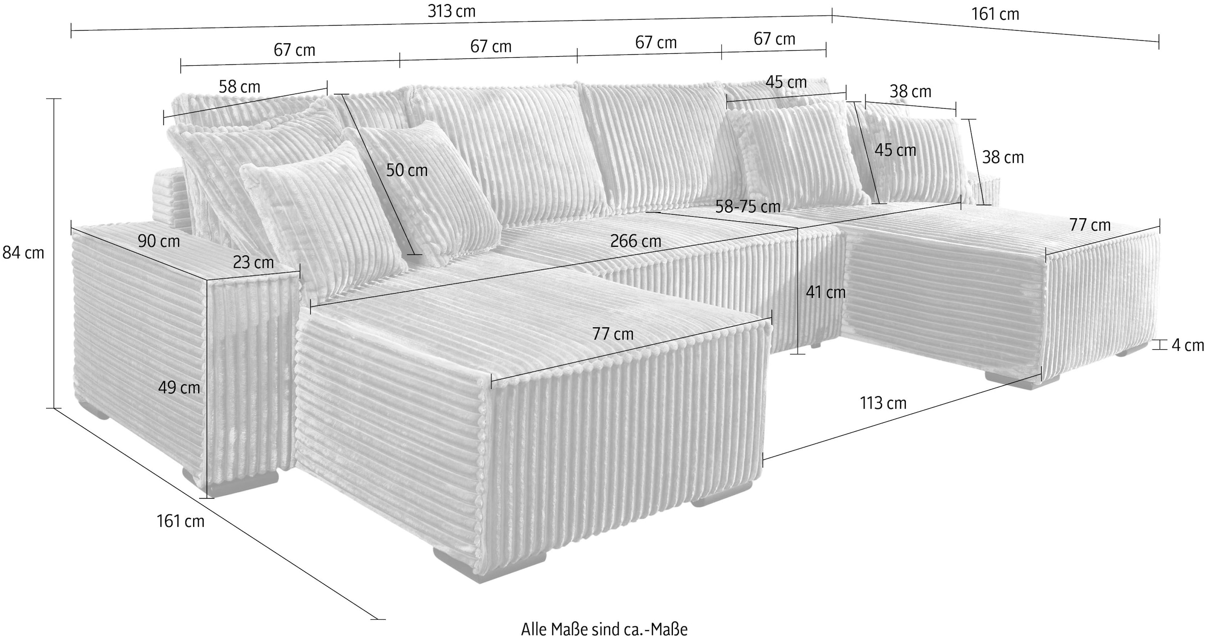 COLLECTION AB Wohnlandschaft »Manhattan U-Form, B: 313 cm, in Breit- oder Normalcord« mit Bettfunktion, Bettkasten & Zierkissen, Federkern
