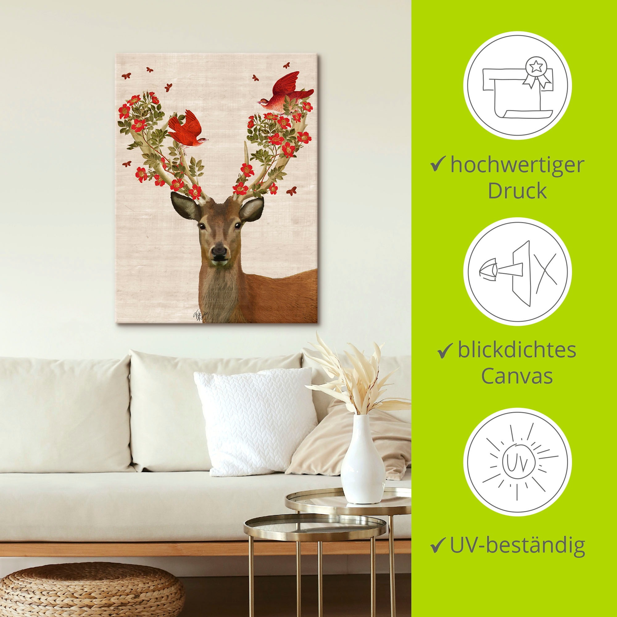Artland Wandbild »Hirsch und Vögel Liebe«, Wildtiere, (1 St.), als Leinwandbild, Poster, Wandaufkleber in verschied. Größen