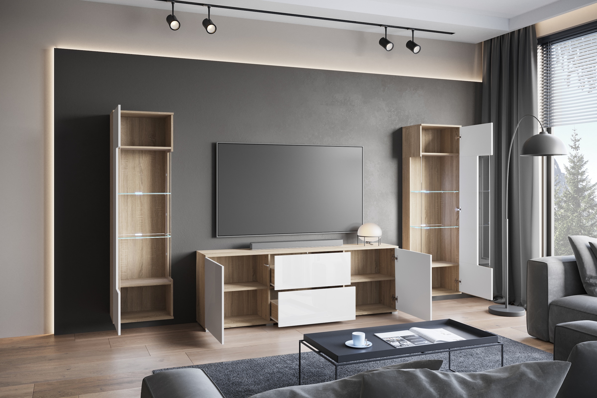 INOSIGN Wohnwand »KENIA«, (Komplett-Set, 3 St.), Vitrinen mit Eckverglasung, hängend und stehend montierbar