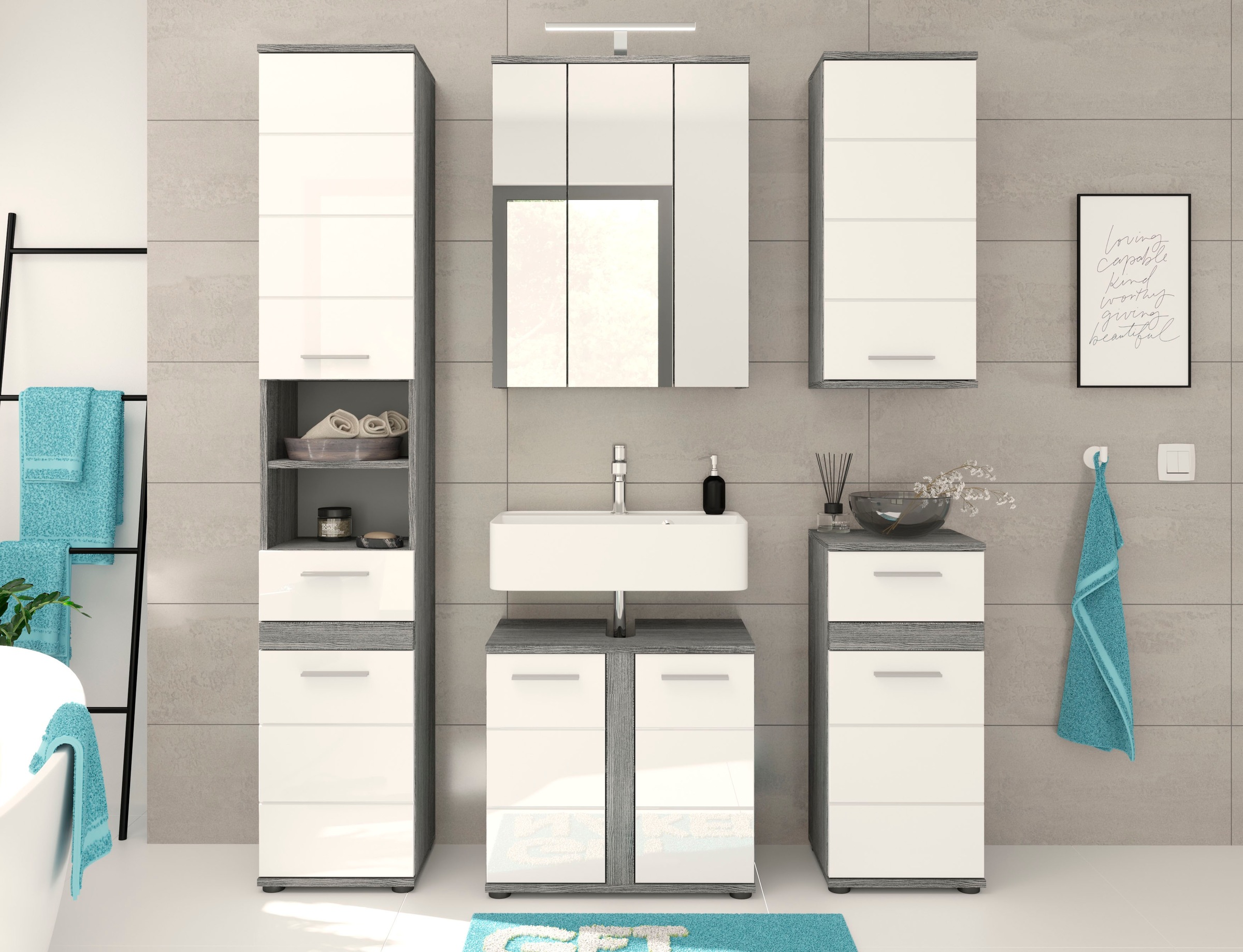 welltime Badmöbel-Set »LUCCA, 5-teilig, TOPSELLER!, inklusive LED Beleuchtung, bestehend aus:«, (Set, 5 St.), Hochschrank, WBU, Spiegelschrank, Unterschrank, Hängeschrank