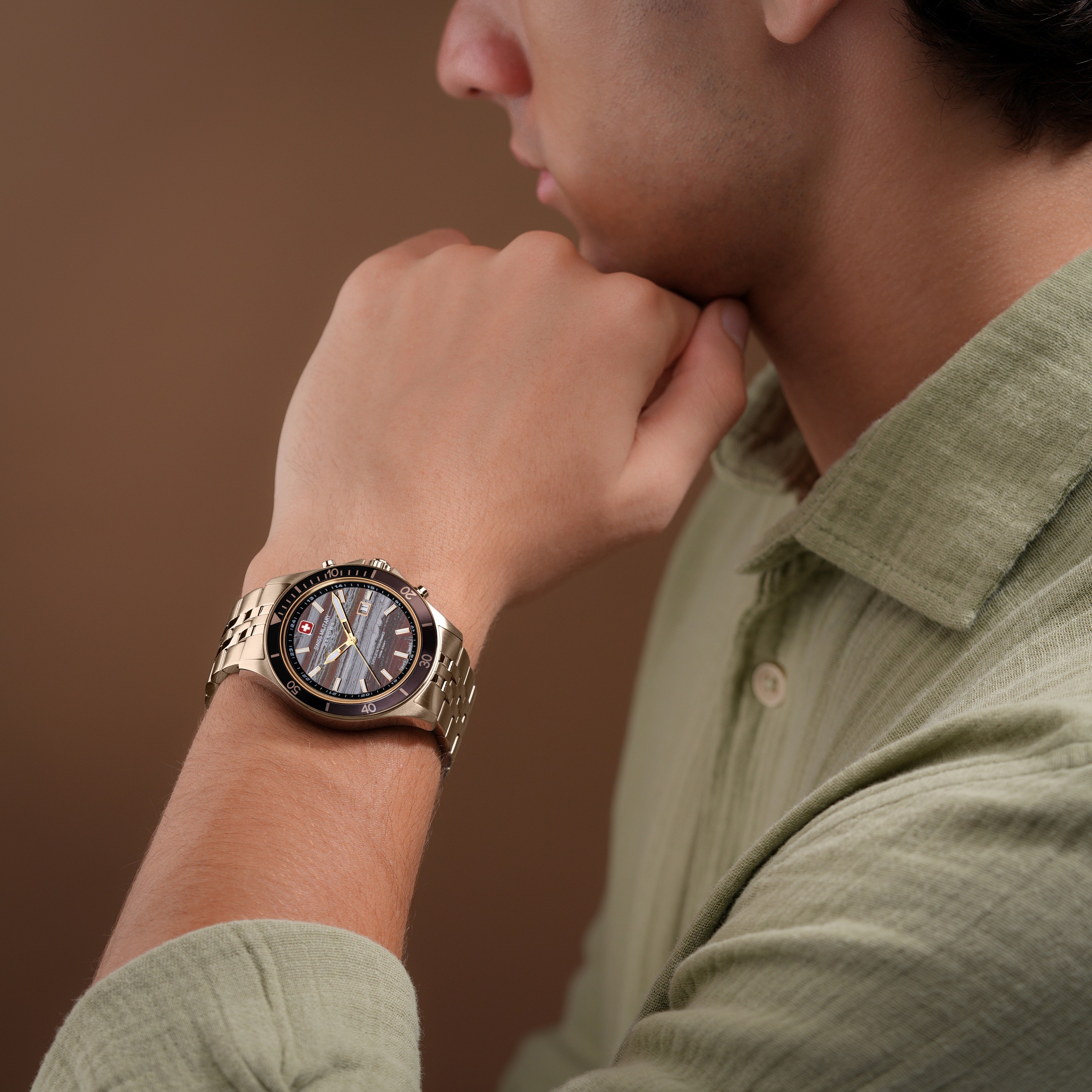 Swiss Military Hanowa Quarzuhr »Flagship Tiger Iron« Armbanduhr, Herrenuhr, Swiss Made, Edelstahlarmband, analog, Tag