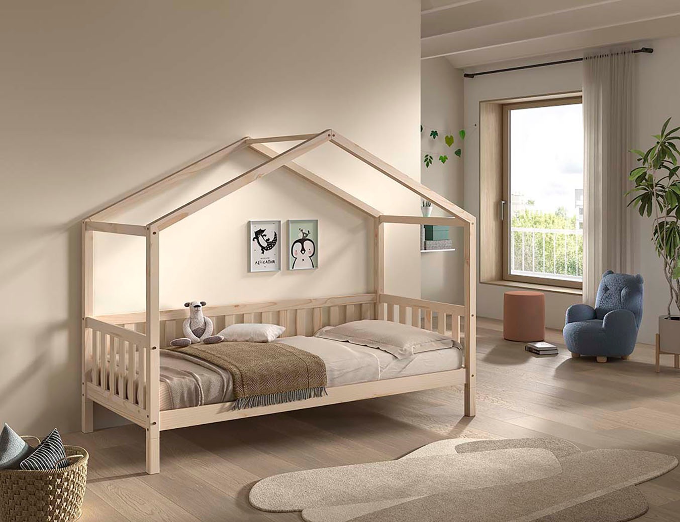 Vipack Hausbett »Dallas, Massivholzbett mit Dachaufbau umbaubar vom Boden- zum Daybett« inkl. Rolllattenrost und Sprossenumrandung, 90 oder 140x200 cm breit,  stabil und standfest gebaut, wahlweise Kiefer massiv natur oder weiß