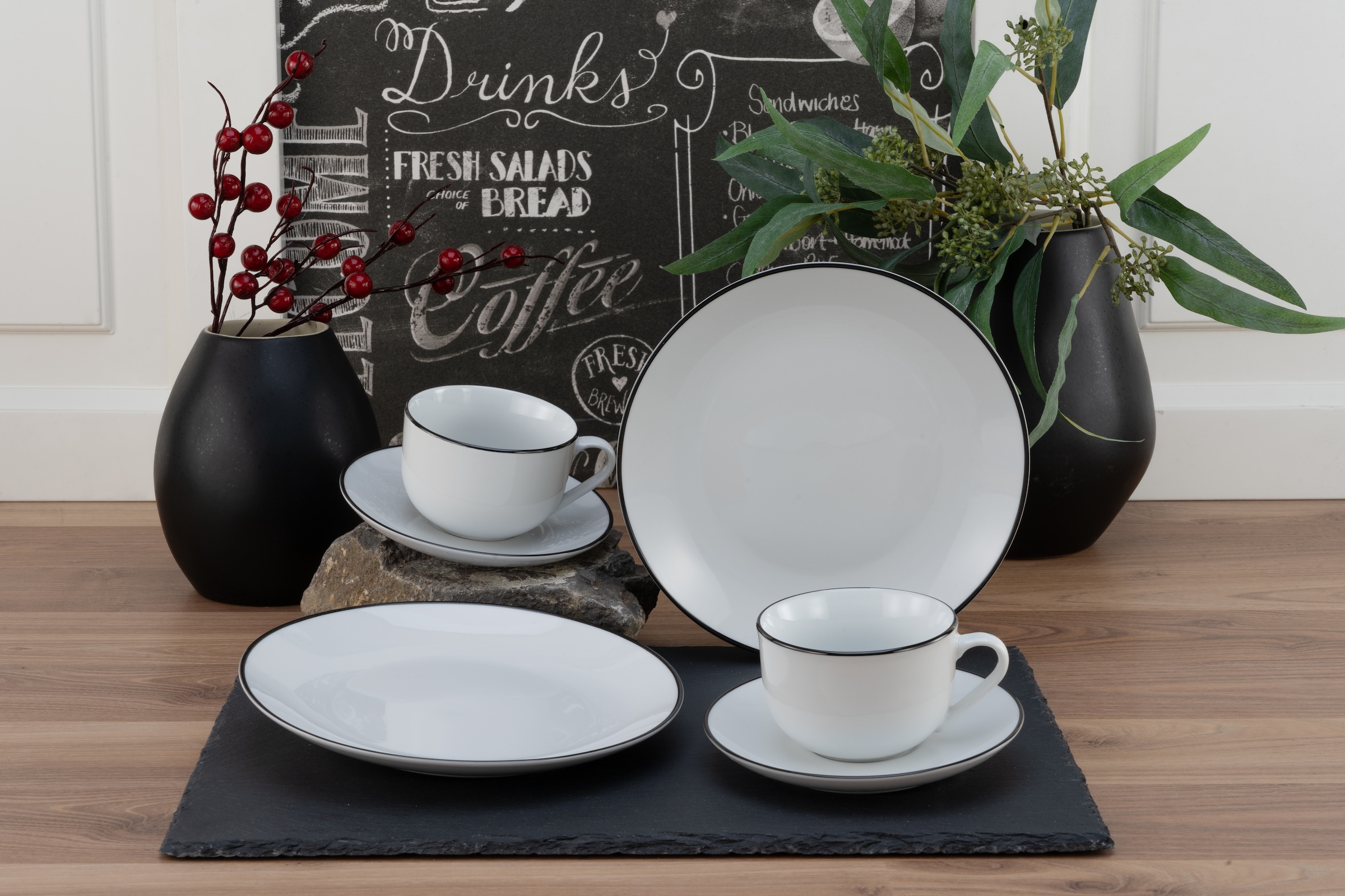 CreaTable Kaffeeservice »Luna Black Line«, (Set, 18 tlg.), handgemaltes Liniendekor