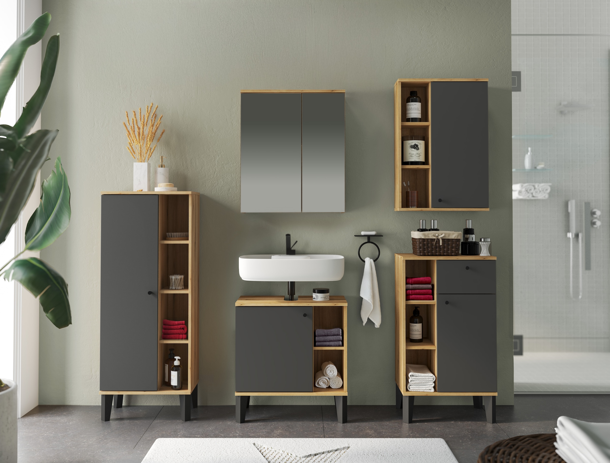 INOSIGN Stauraumschrank »Oslo, Badschrank mit Knopfgriff, Hochschrank im skandinavischen Design«, in der Türfarbe Weiß oder Grau verfügbar, ausreichend Stauraum