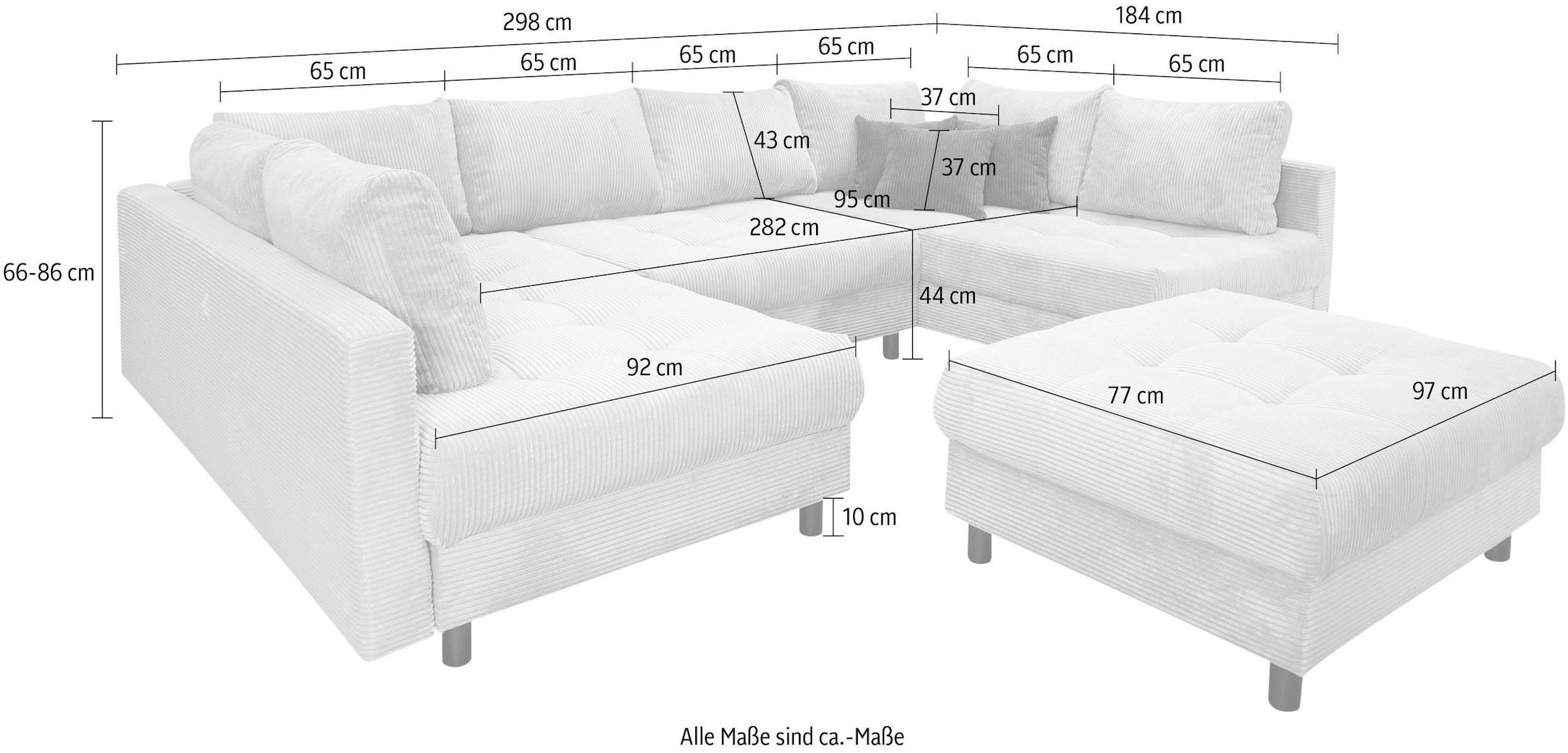 COLLECTION AB Wohnlandschaft »Toni U-Form, B: 298 cm, XXL-Liegefläche 282x178 cm mit Hocker« Set: Sofa & Hocker, 3 Zierkissen, Federkern