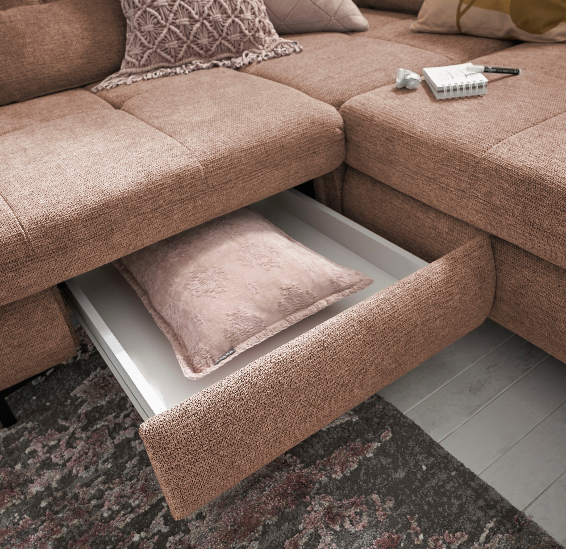 set one by Musterring Ecksofa »SO 3400 Sitzhöhe 47cm oder 49cm, Sitztiefe verstellbar, B/T 317/220 cm« Kaltschaumpolsterung, Flachgewebe, whlw. mit Funktionen, Sitzhöhe 47