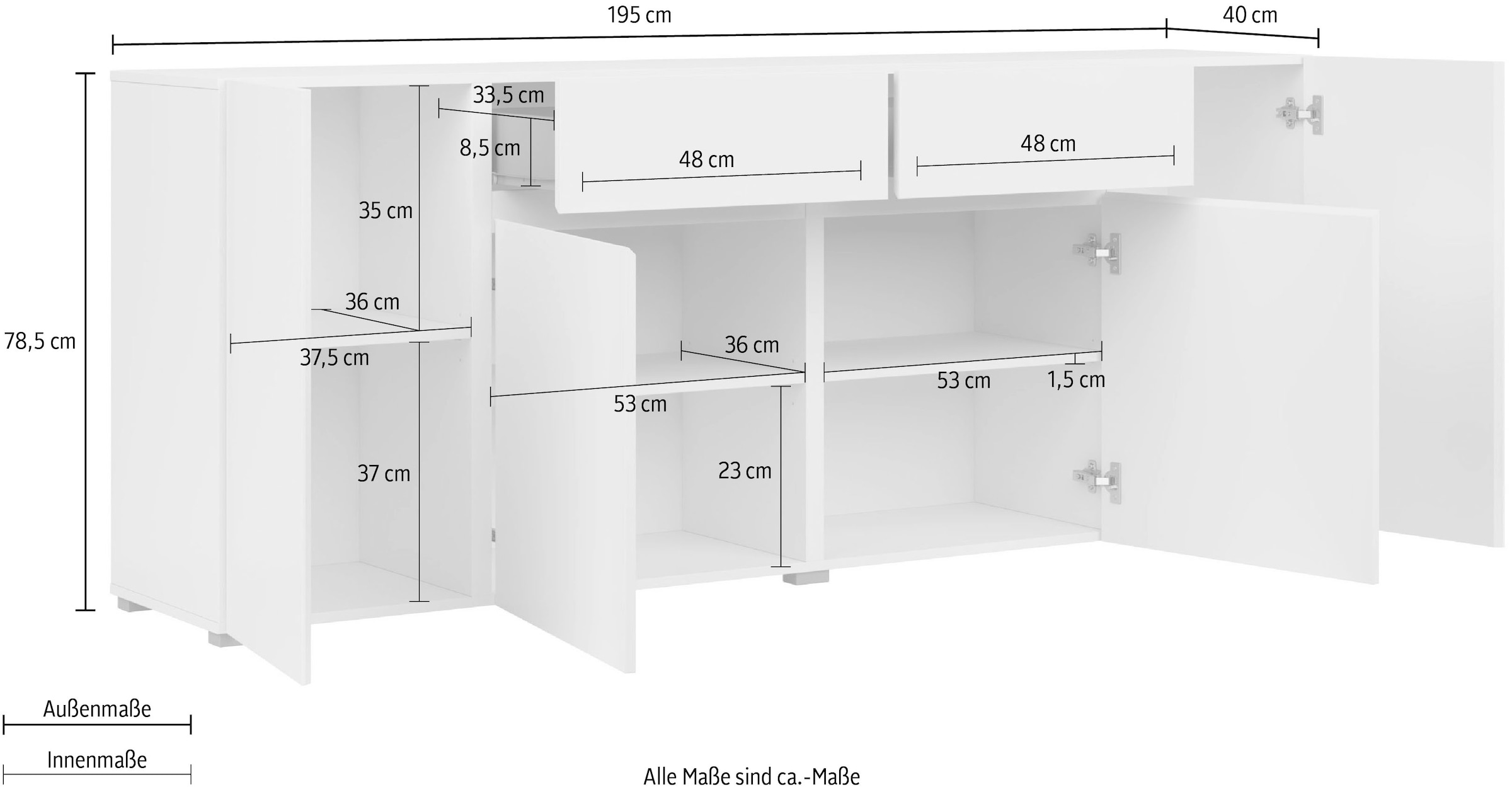 INOSIGN Sideboard »Asymetric, Breite 195 cm, grifflose Kommode 4 Türen/2 Schubkästen«, Schubladenschrank mit viel Stauraum, Einlegeböden verstellbar