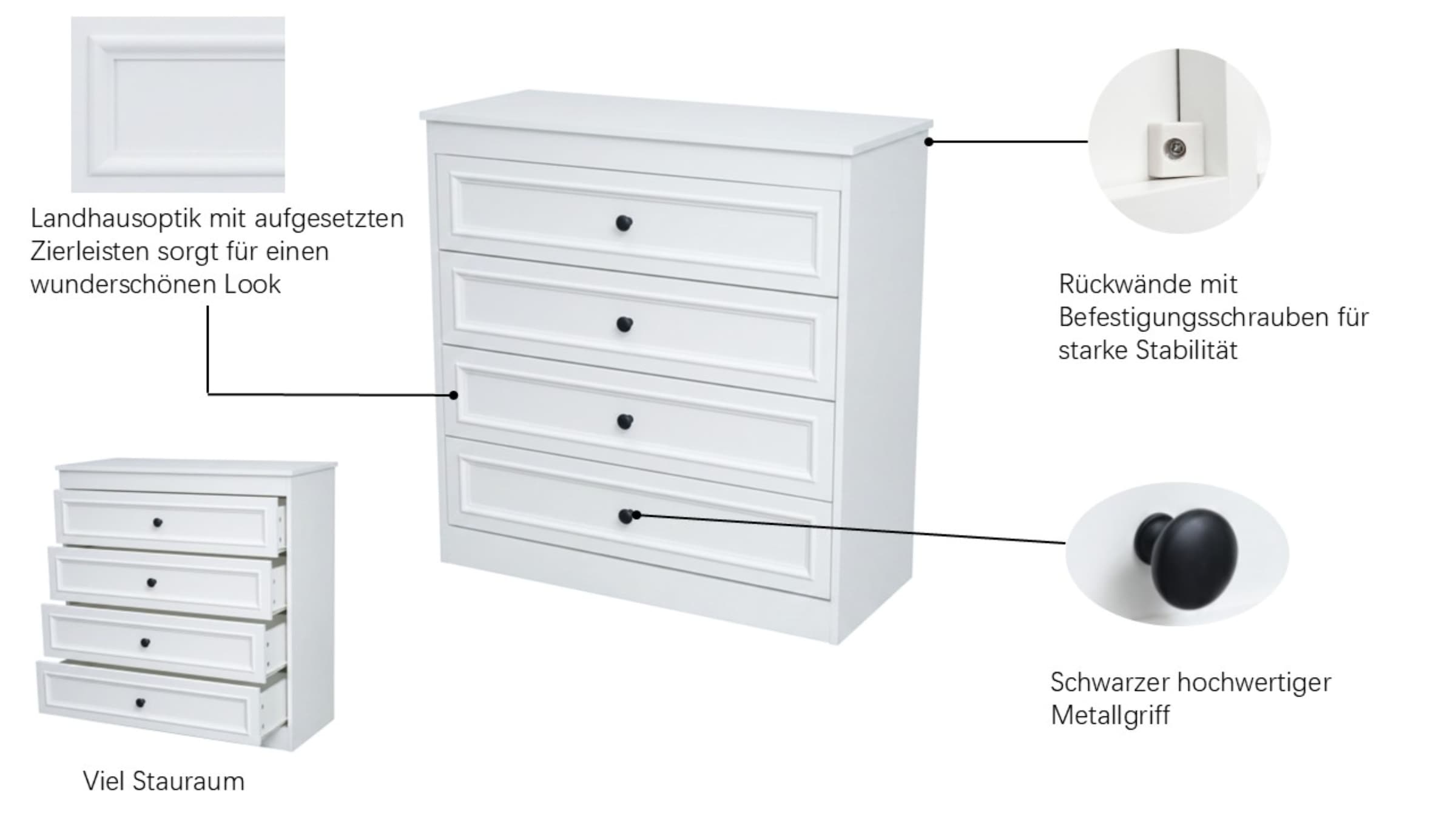 OTTO home Schubkastenkommode »Arrian Landhaus Kommode Weiß | Schubladenkommode« Vielseitig als Schlafzimmer- oder Flurkommode nutzbar