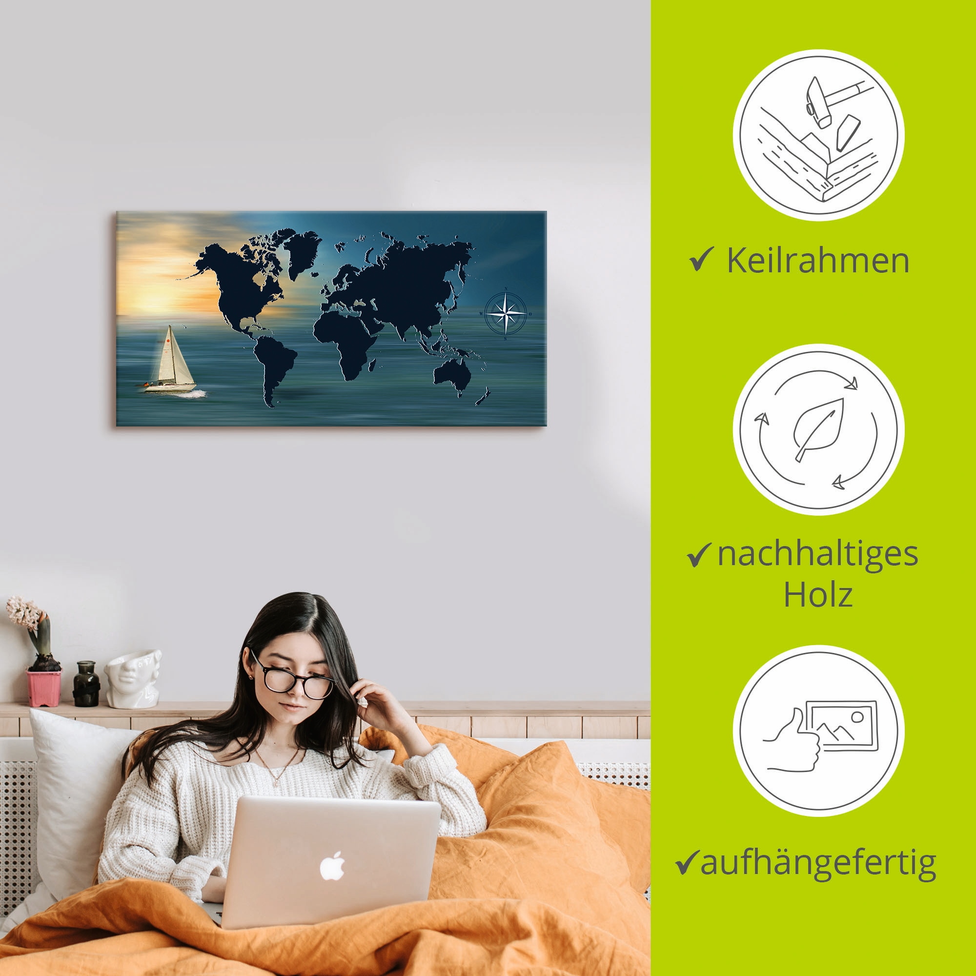 Artland Wandbild »Weltumsegelung mit Weltkarte«, Landkarten, (1 St.), als Leinwandbild, Poster in verschied. Größen