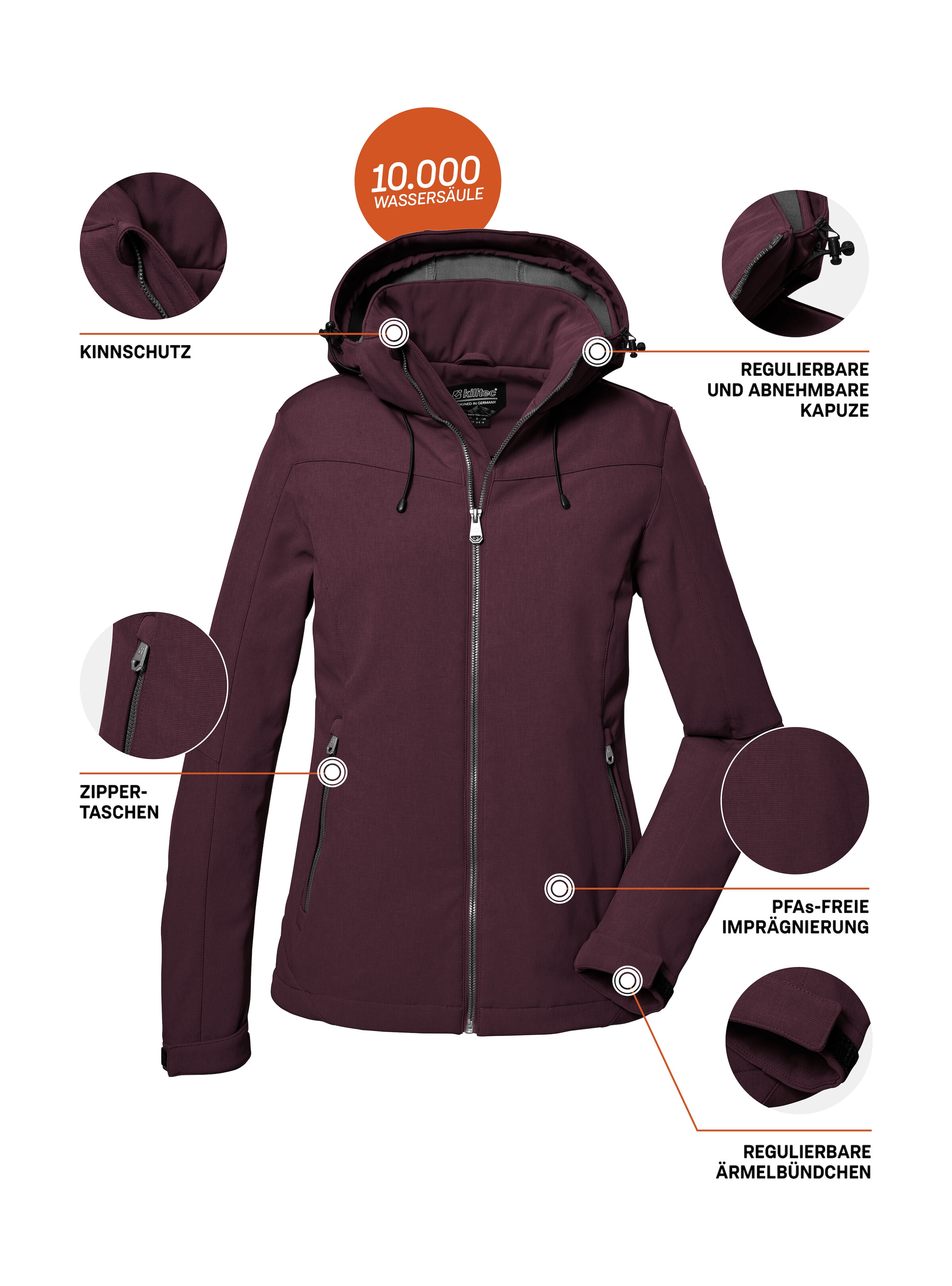 Killtec Softshelljacke »Damen Softshelljacke«, Wasserabweisende, winddichte Softshelljacke mit abnehmbarer Kapuze